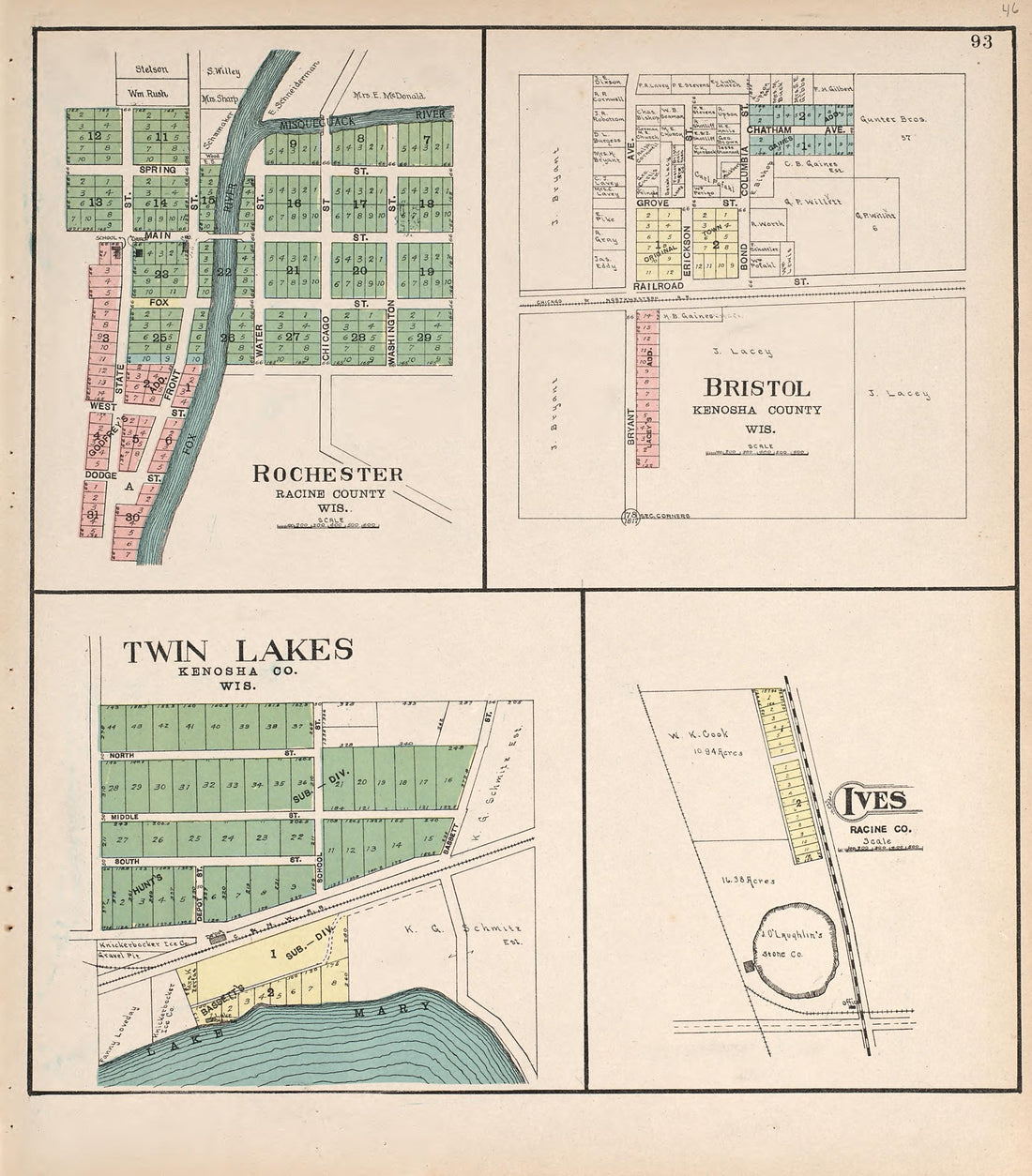 Rochester; Bristol; Twin Lakes; Ives from Plat Book of Racine and Kenosha Counties, Wisconsin : Including Plats of the Villages, Cities and Townships of the Counties, Map of the State, United States and World, Patrons Directory, Reference Business …... by Relic Map Company