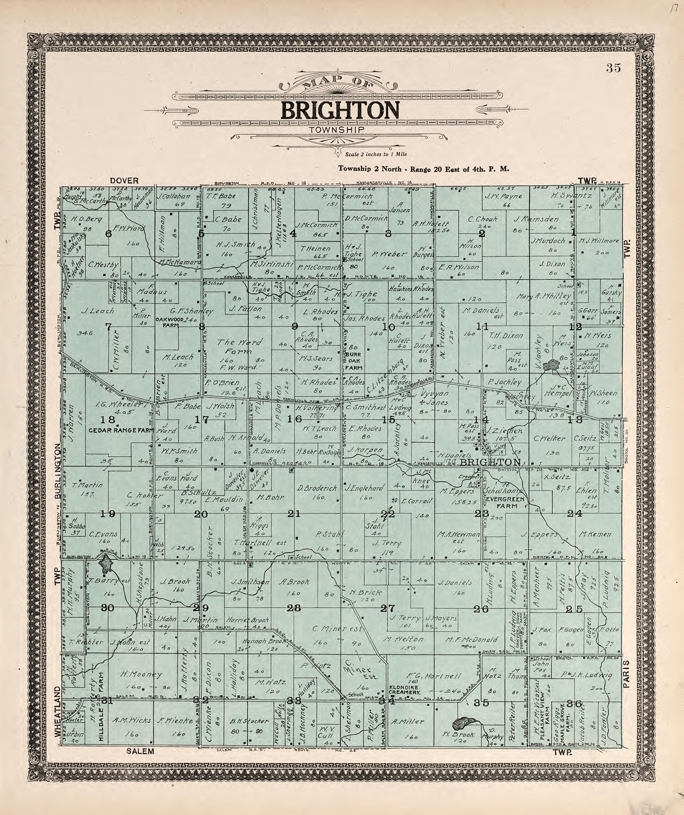 Map of Brighton Township from Plat Book of Racine and Kenosha Counties, Wisconsin : Including Plats of the Villages, Cities and Townships of the Counties, Map of the State, United States and World, Patrons Directory, Reference Business … 1908 by Relic Map Company