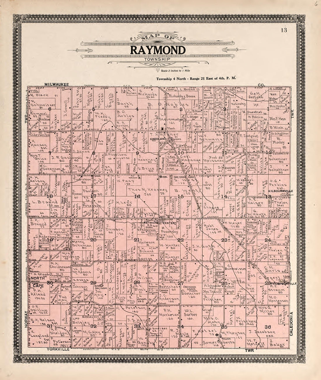 Map of Raymond Township from Plat Book of Racine and Kenosha Counties, Wisconsin : Including Plats of the Villages, Cities and Townships of the Counties, Map of the State, United States and World, Patrons Directory, Reference Business … 1908 by Relic Map Company