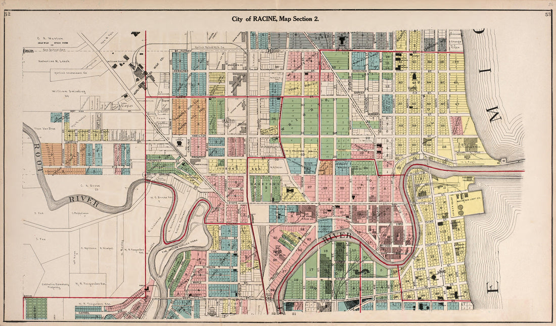 Map of the City of Racine Map Section 2 from Plat Book of Racine and Kenosha Counties, Wisconsin : Including Plats of the Villages, Cities and Townships of the Counties, Map of the State, United States and World, Patrons Directory, Reference Business ... by Relic Map Company