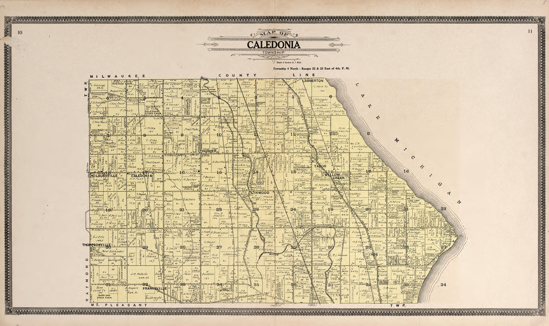 Map of Caledonia Township from Plat Book of Racine and Kenosha Counties, Wisconsin : Including Plats of the Villages, Cities and Townships of the Counties, Map of the State, United States and World, Patrons Directory, Reference Business … 1908 by Relic Map Company