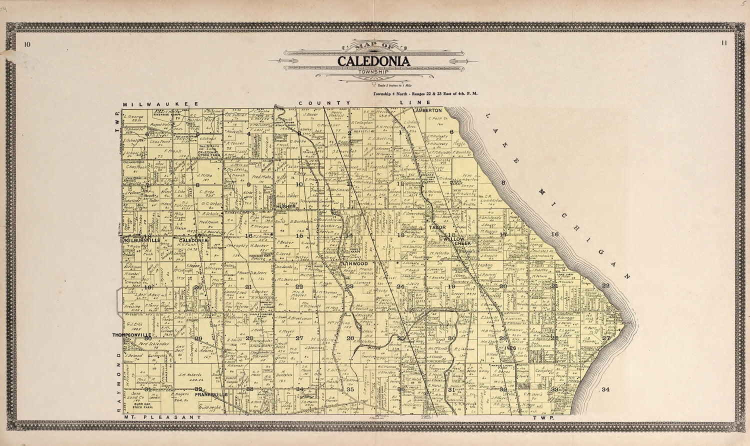 Map of Caledonia Township from Plat Book of Racine and Kenosha Counties, Wisconsin : Including Plats of the Villages, Cities and Townships of the Counties, Map of the State, United States and World, Patrons Directory, Reference Business … 1908 by Relic Map Company