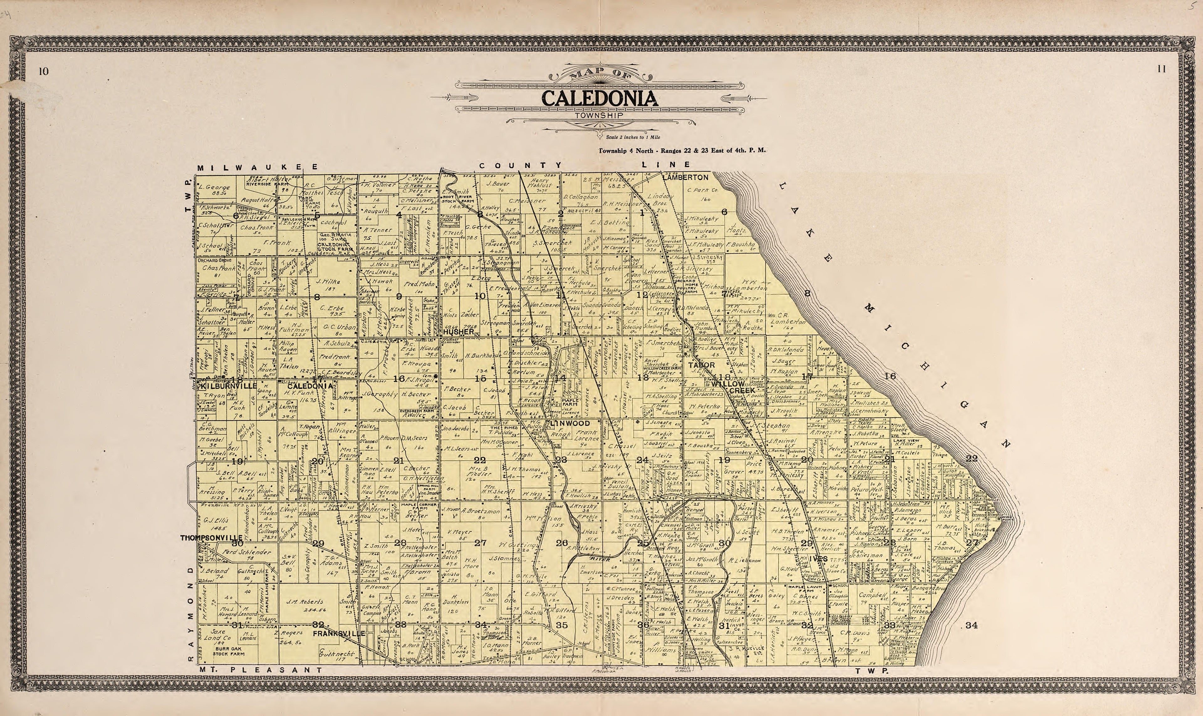 Map of Caledonia Township from Plat Book of Racine and Kenosha Counties, Wisconsin : Including Plats of the Villages, Cities and Townships of the Counties, Map of the State, United States and World, Patrons Directory, Reference Business … 1908 by Relic Map Company