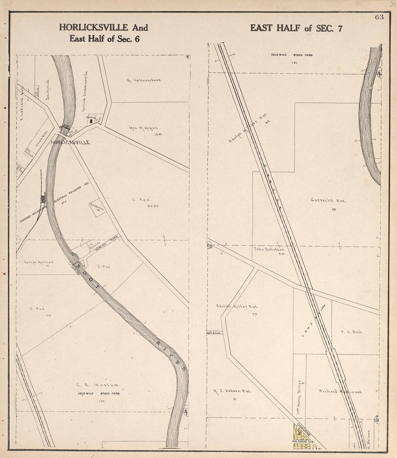 Horlicksville and East Half of Sect. 6; East Half of Sect. 7 from Plat Book of Racine and Kenosha Counties, Wisconsin : Including Plats of the Villages, Cities and Townships of the Counties, Map of the State, United States and World, Patrons Directory... by Relic Map Company