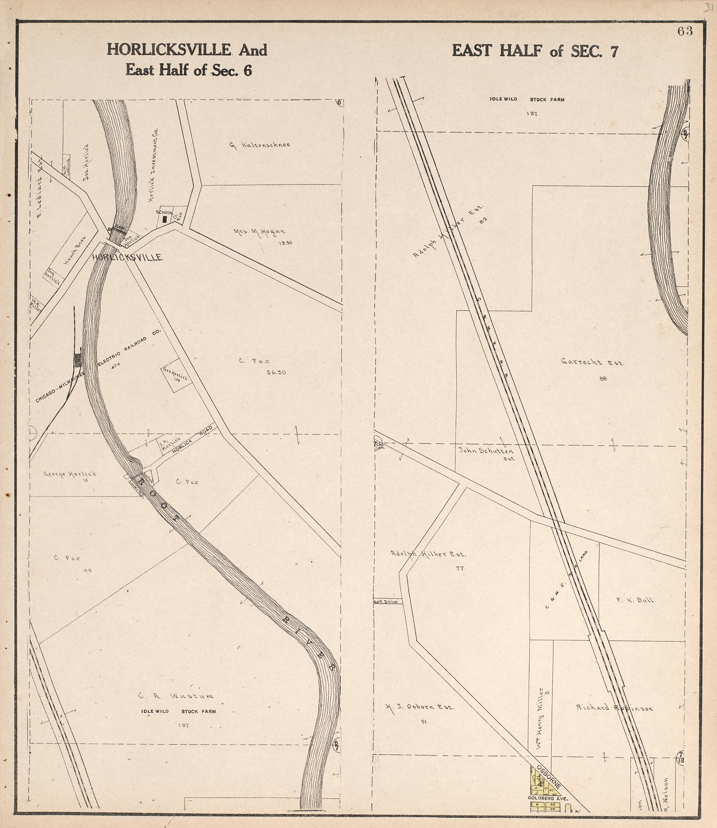 Horlicksville and East Half of Sect. 6; East Half of Sect. 7 from Plat Book of Racine and Kenosha Counties, Wisconsin : Including Plats of the Villages, Cities and Townships of the Counties, Map of the State, United States and World, Patrons Directory... by Relic Map Company