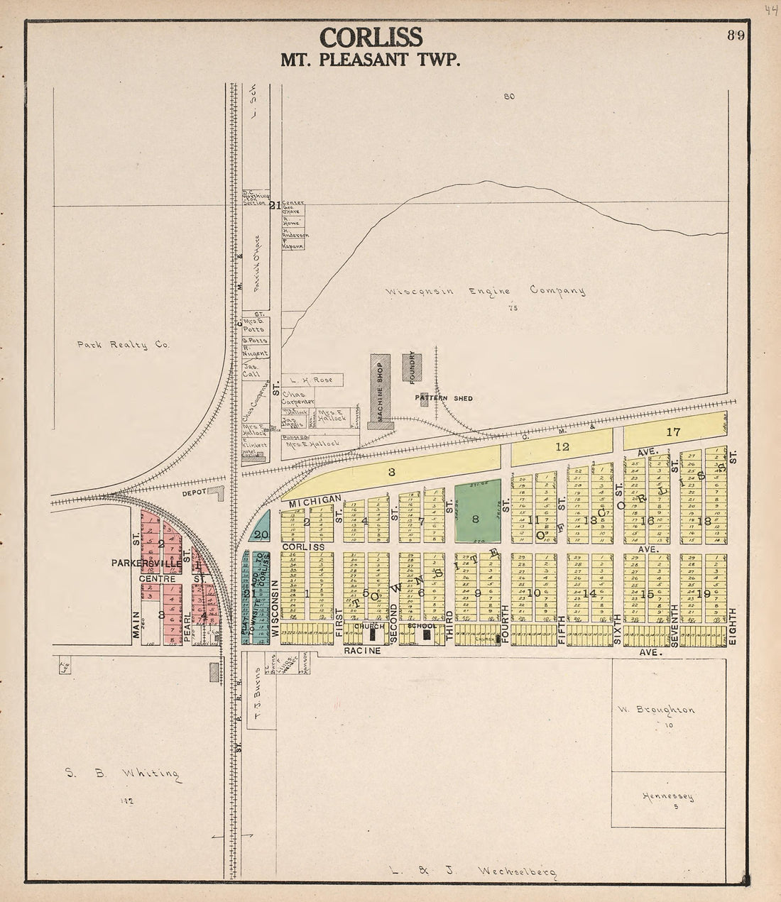 Corliss, Mt. Pleasant Township from Plat Book of Racine and Kenosha Counties, Wisconsin : Including Plats of the Villages, Cities and Townships of the Counties, Map of the State, United States and World, Patrons Directory, Reference Business … 1908 by Relic Map Company