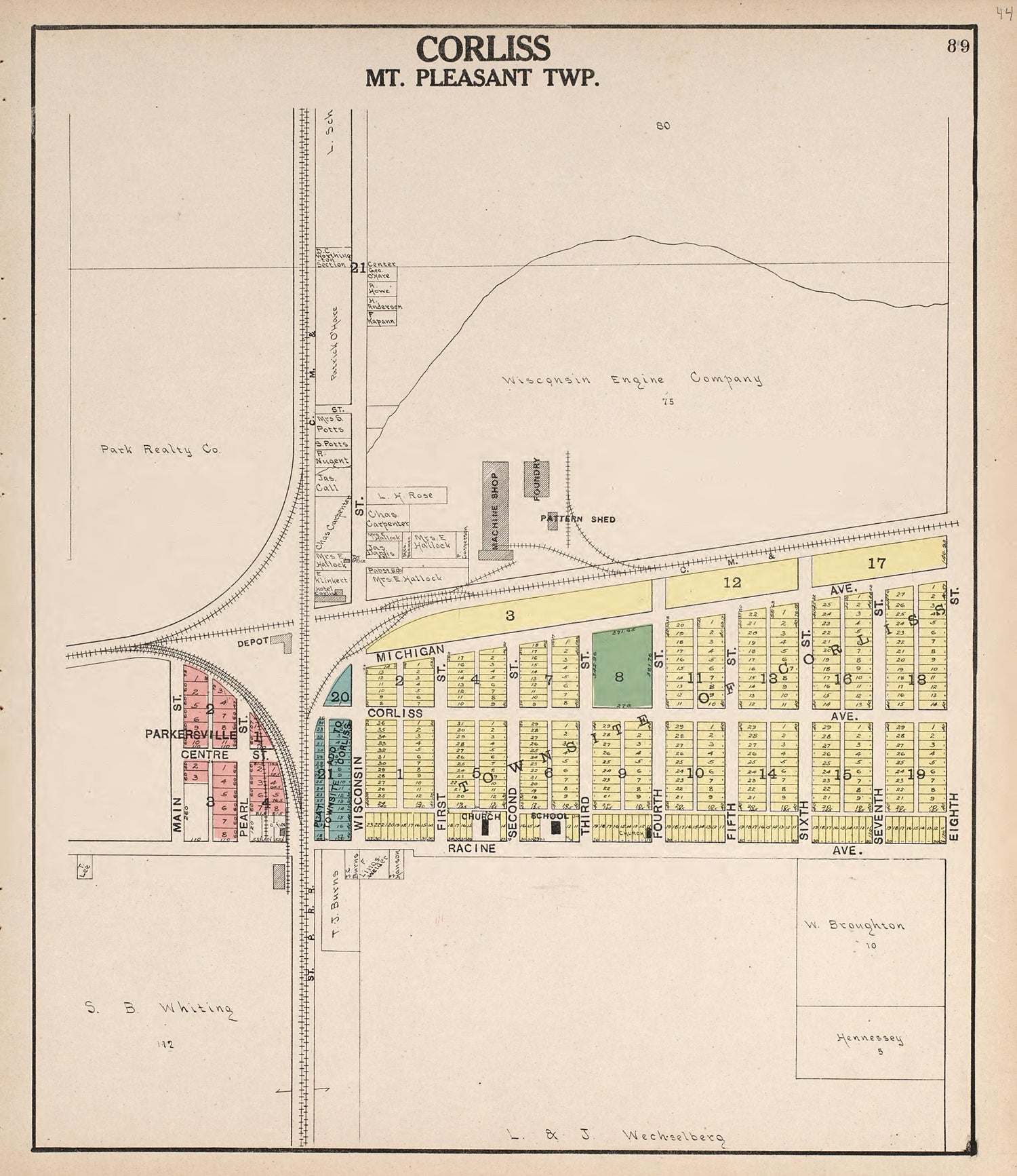 Corliss, Mt. Pleasant Township from Plat Book of Racine and Kenosha Counties, Wisconsin : Including Plats of the Villages, Cities and Townships of the Counties, Map of the State, United States and World, Patrons Directory, Reference Business … 1908 by Relic Map Company