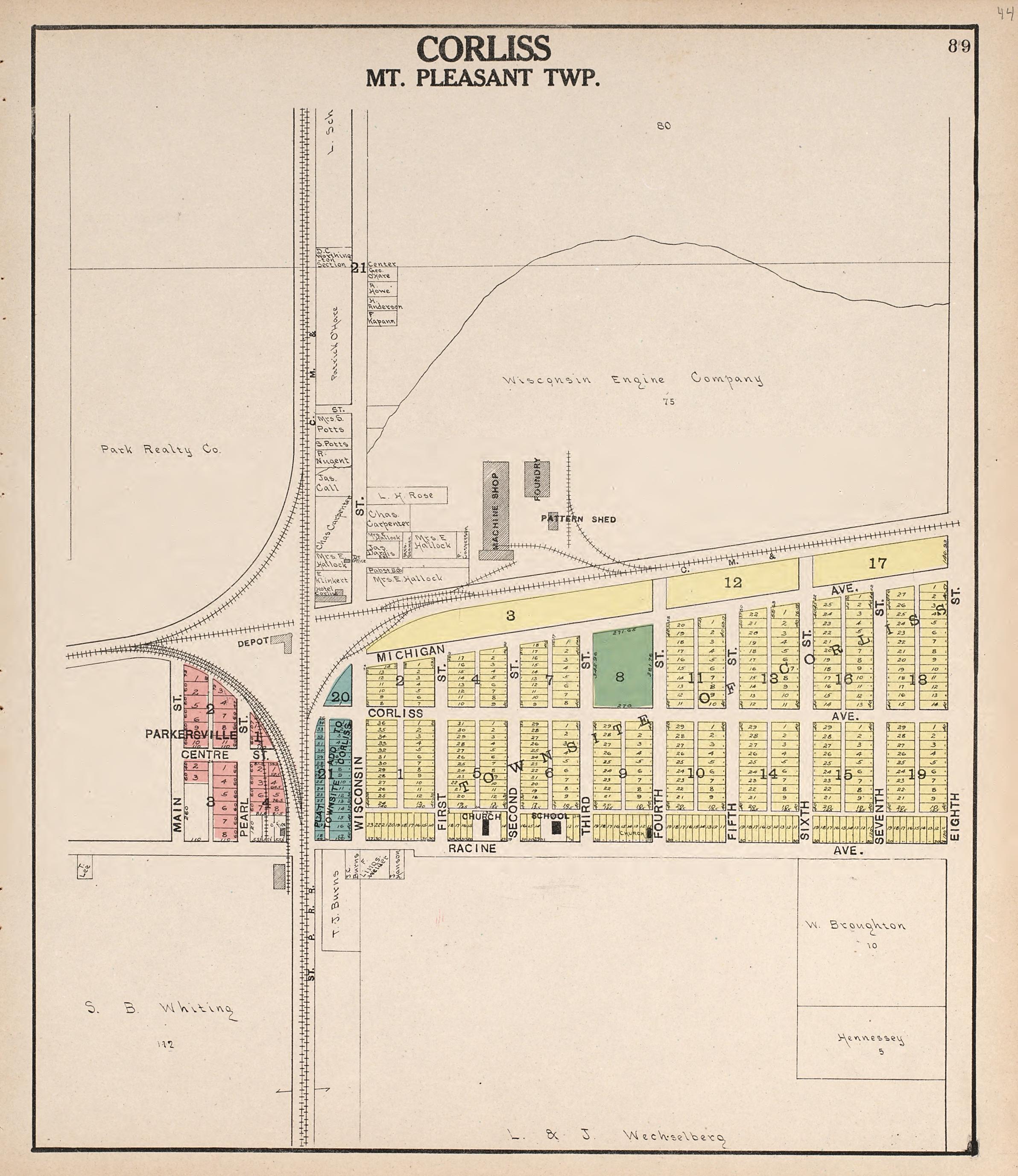 Corliss, Mt. Pleasant Township from Plat Book of Racine and Kenosha Counties, Wisconsin : Including Plats of the Villages, Cities and Townships of the Counties, Map of the State, United States and World, Patrons Directory, Reference Business … 1908 by Relic Map Company