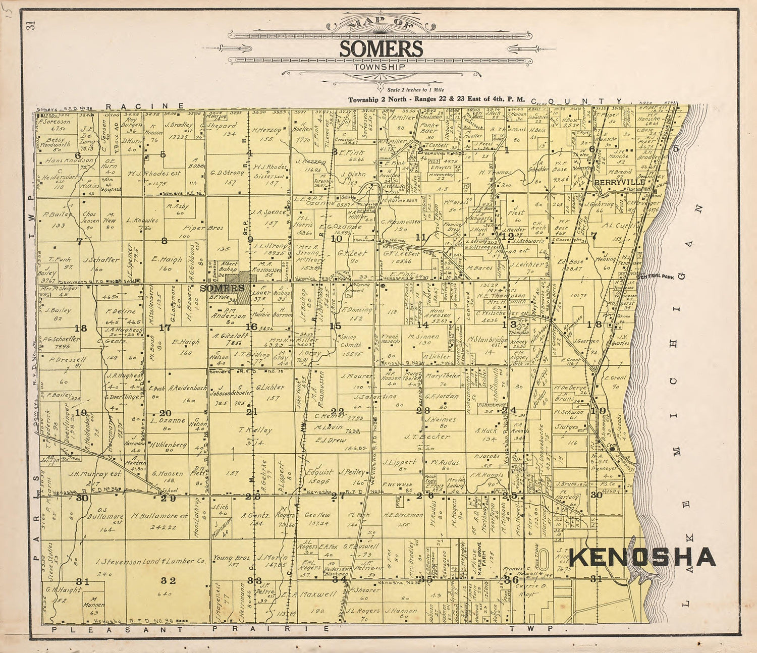 Map of Somers Township from Plat Book of Racine and Kenosha Counties, Wisconsin : Including Plats of the Villages, Cities and Townships of the Counties, Map of the State, United States and World, Patrons Directory, Reference Business … 1908 by Relic Map Company