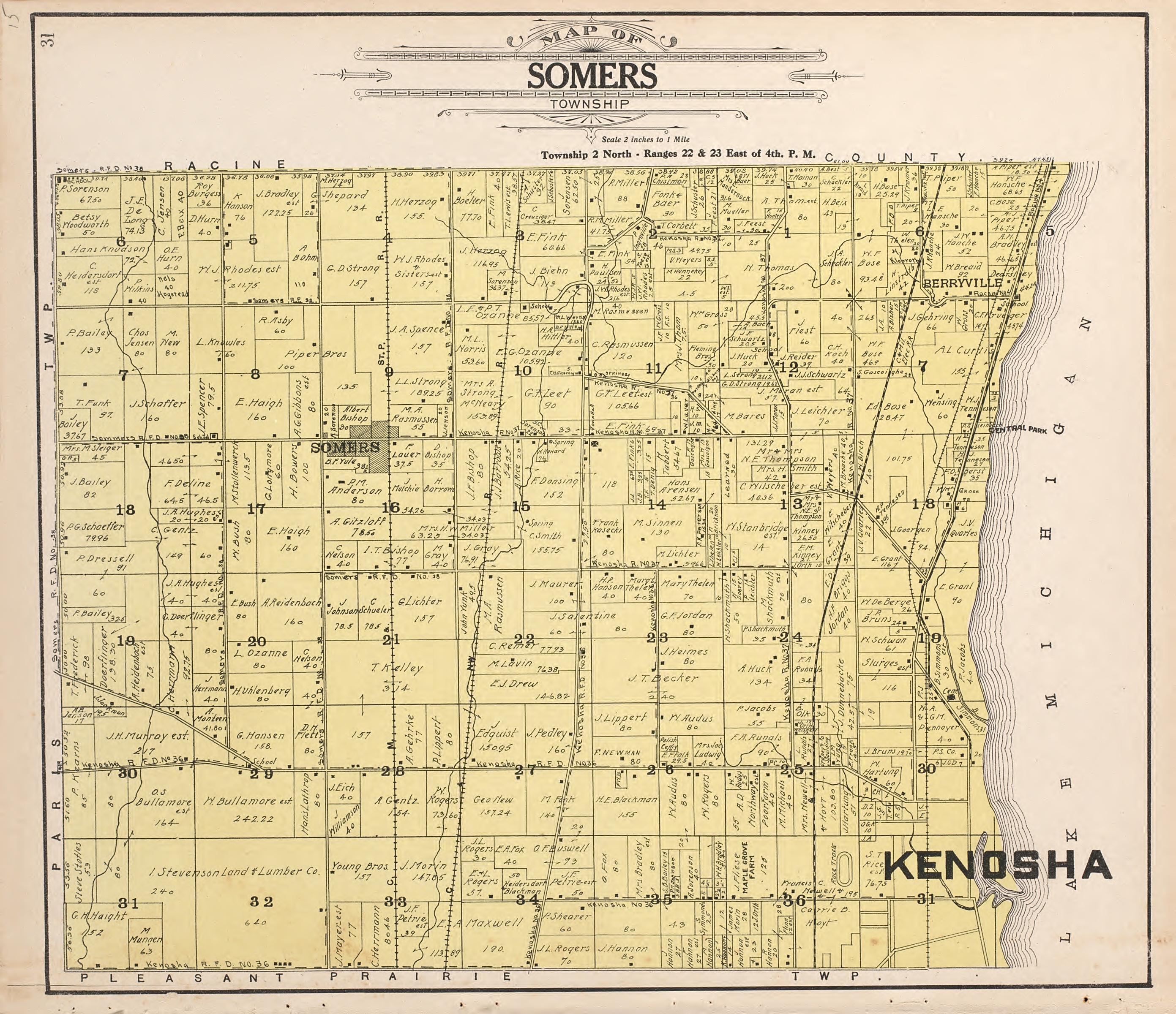 Map of Somers Township from Plat Book of Racine and Kenosha Counties, Wisconsin : Including Plats of the Villages, Cities and Townships of the Counties, Map of the State, United States and World, Patrons Directory, Reference Business … 1908 by Relic Map Company