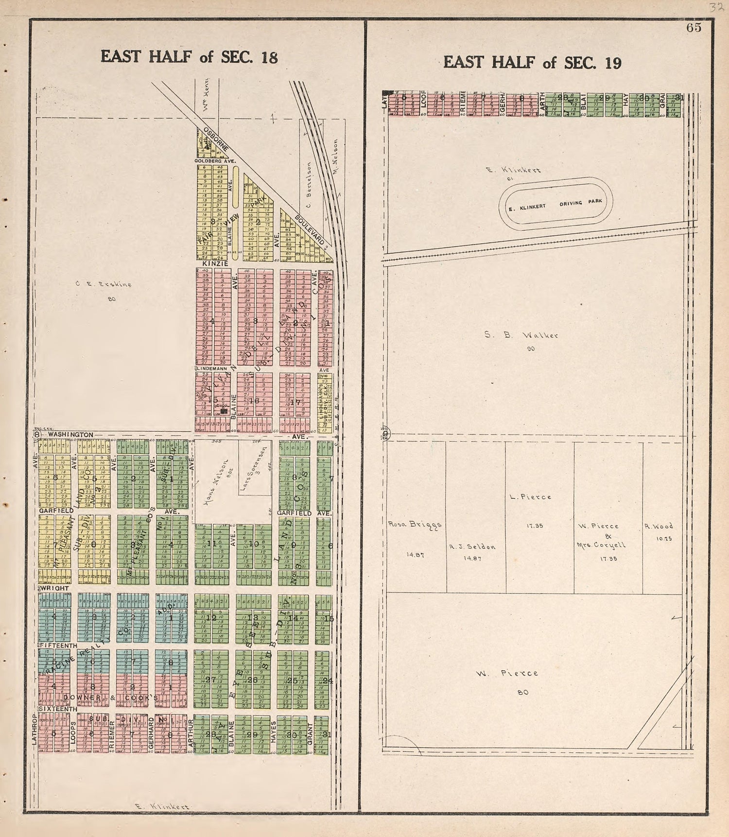 East Half of Sec. 18; East Half of Sec. 19 from Plat Book of Racine and Kenosha Counties, Wisconsin : Including Plats of the Villages, Cities and Townships of the Counties, Map of the State, United States and World, Patrons Directory, Reference Busine... by Relic Map Company