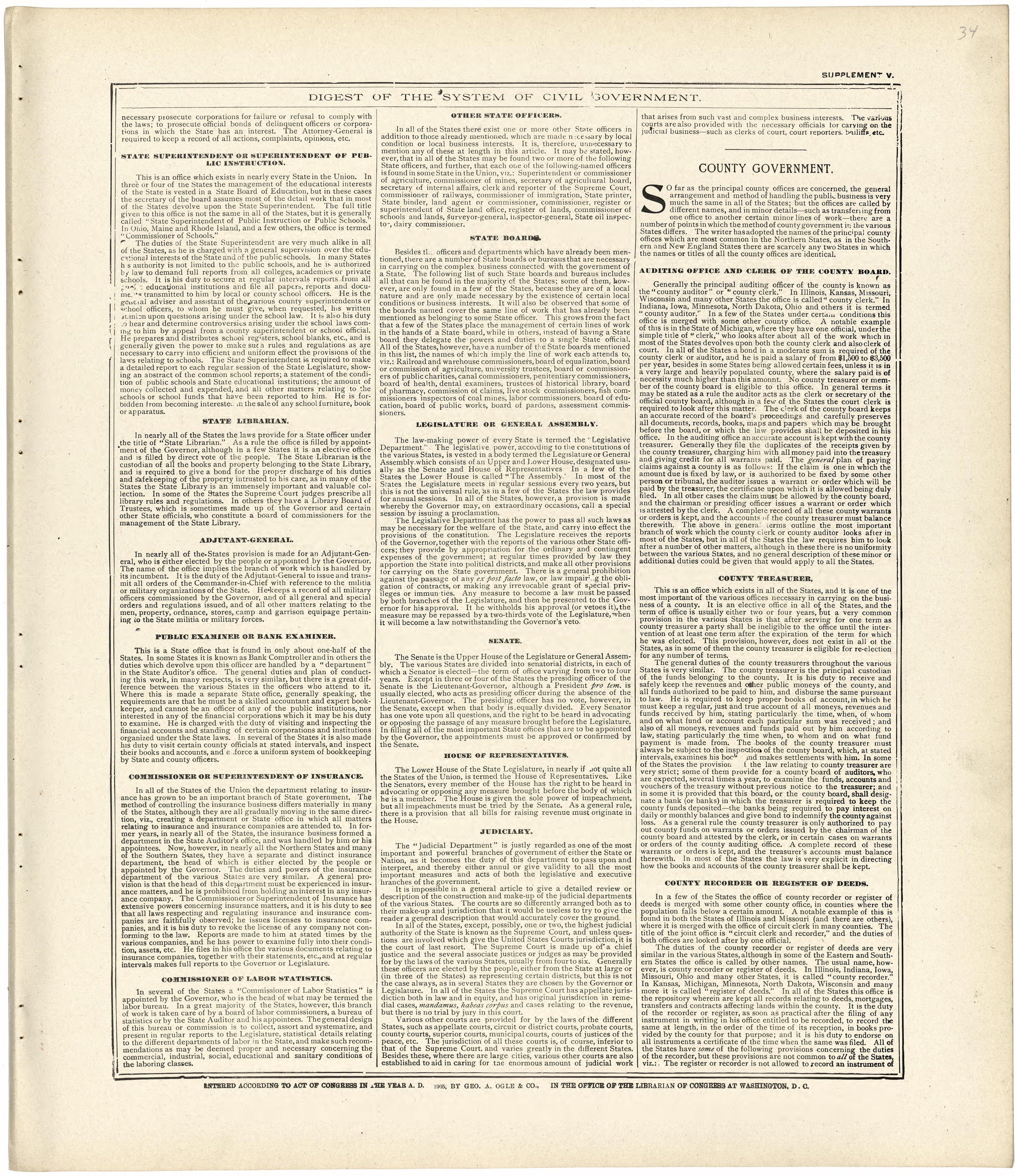 Digest of the System of Civil Government from Standard Atlas of Fulton County, Indiana : Including a Plat Book of the Villages, Cities and Townships of the County, Map of the State, United States and World, Patrons Directory, Reference Business … 1907 by Relic Map Company