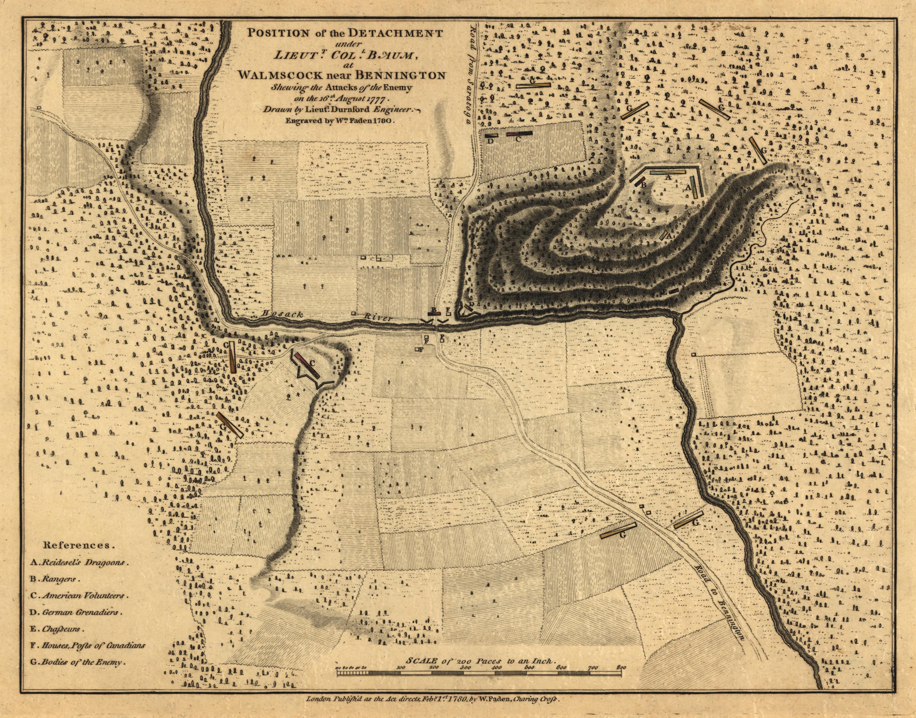 Position of Detachment Under Col. Baum, at Walmscock, Near Bennington, 16 August 1777 from Atlas of the Battles of the American Revolution, Together With Maps Shewing the Routes of the British and American Armies, Plans of Cities, Surveys of Harbors, ... by Relic Map Company