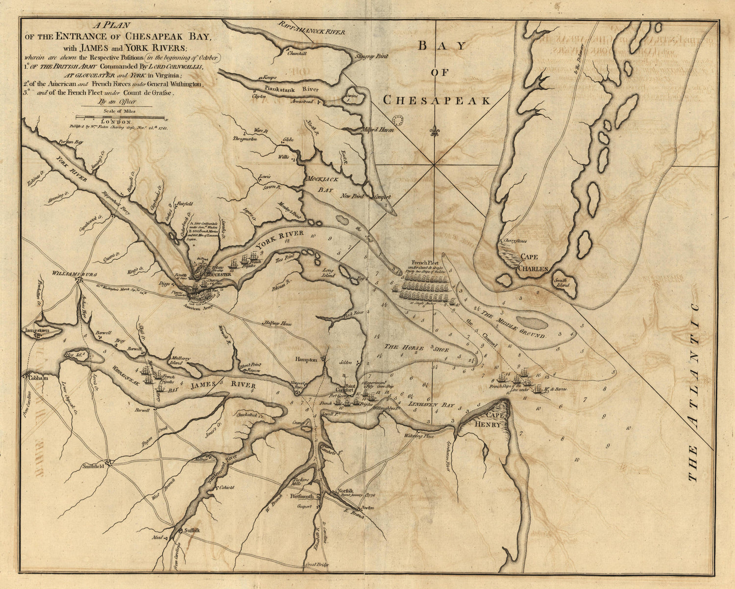 Plan of Entrance of Chesapeake Bay With James and York Rivers (with Positions of British, French &amp; American Forces) from Atlas of the Battles of the American Revolution, Together With Maps Shewing the Routes of the British and American Armies, Plans o... by Relic Map Company