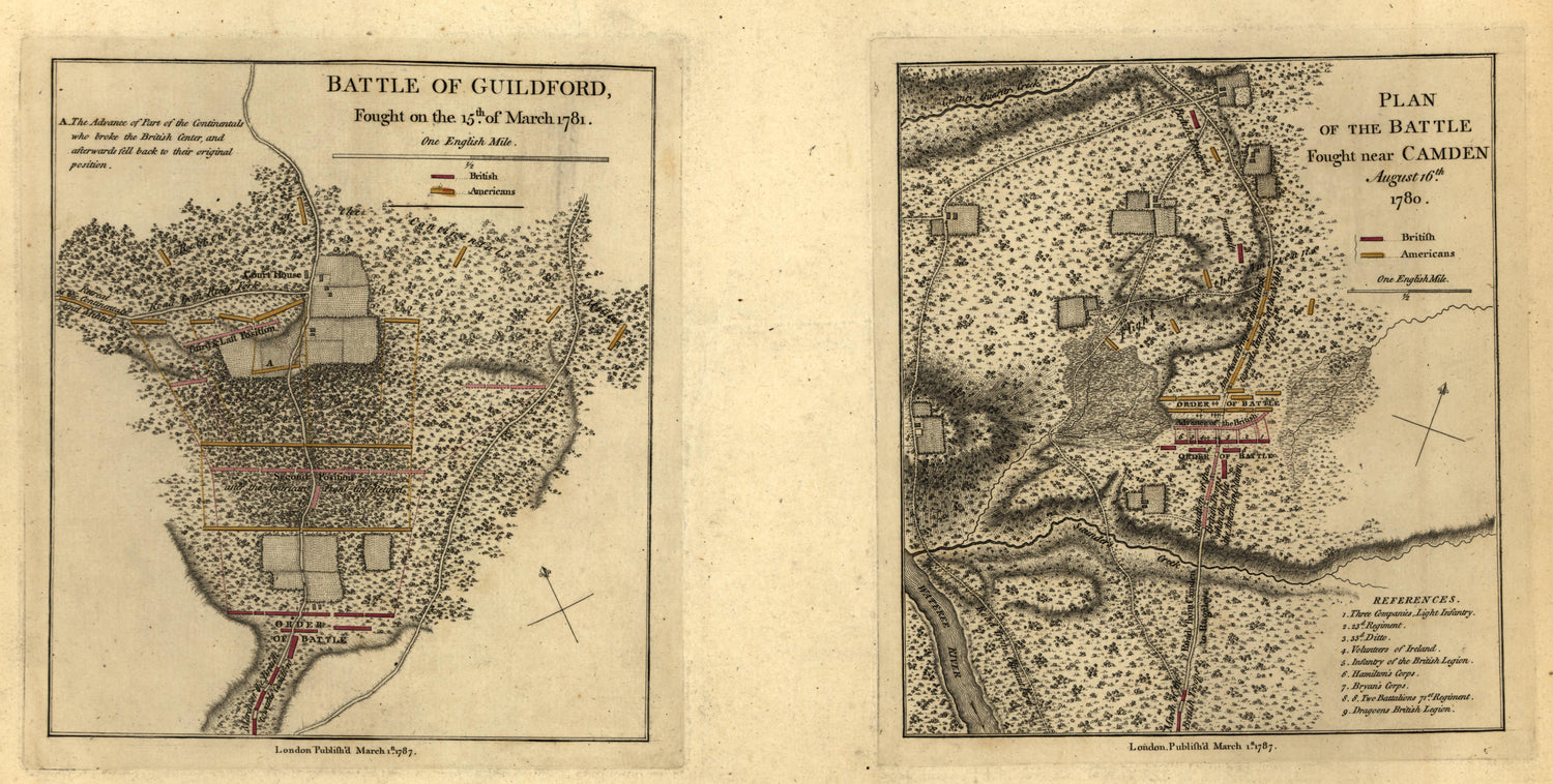 Battle of Guilford, 15 March 1781; Battle Fought Near Camden, 6 August 1780 from Atlas of the Battles of the American Revolution, Together With Maps Shewing the Routes of the British and American Armies, Plans of Cities, Surveys of Harbors, &amp;c 1845 by Relic Map Company