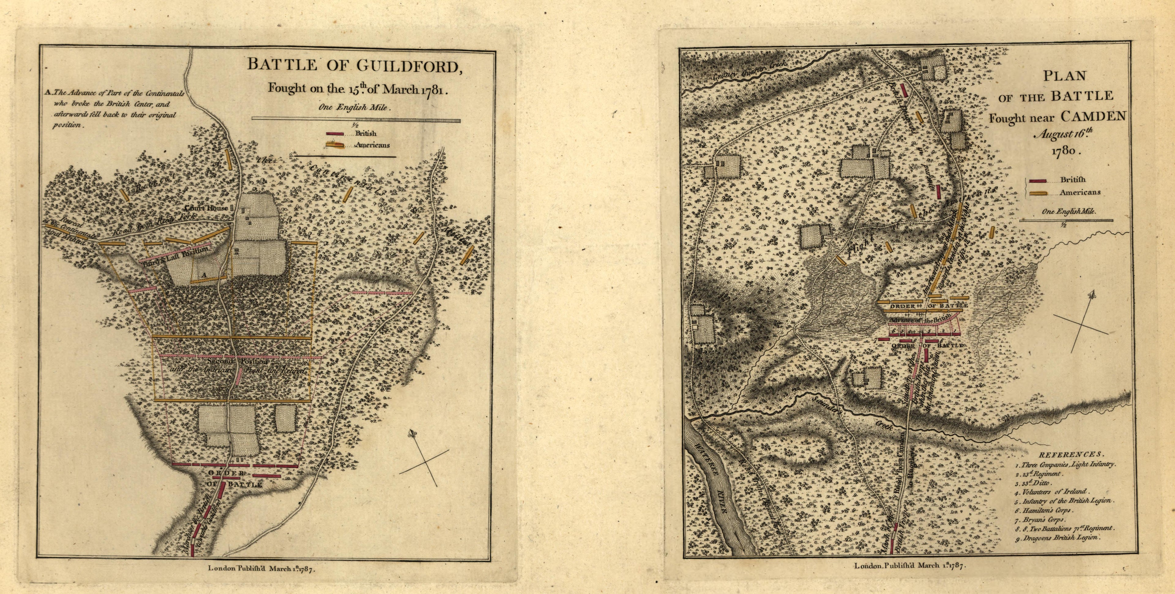 Battle of Guilford, 15 March 1781; Battle Fought Near Camden, 6 August 1780 from Atlas of the Battles of the American Revolution, Together With Maps Shewing the Routes of the British and American Armies, Plans of Cities, Surveys of Harbors, &amp;c 1845 by Relic Map Company