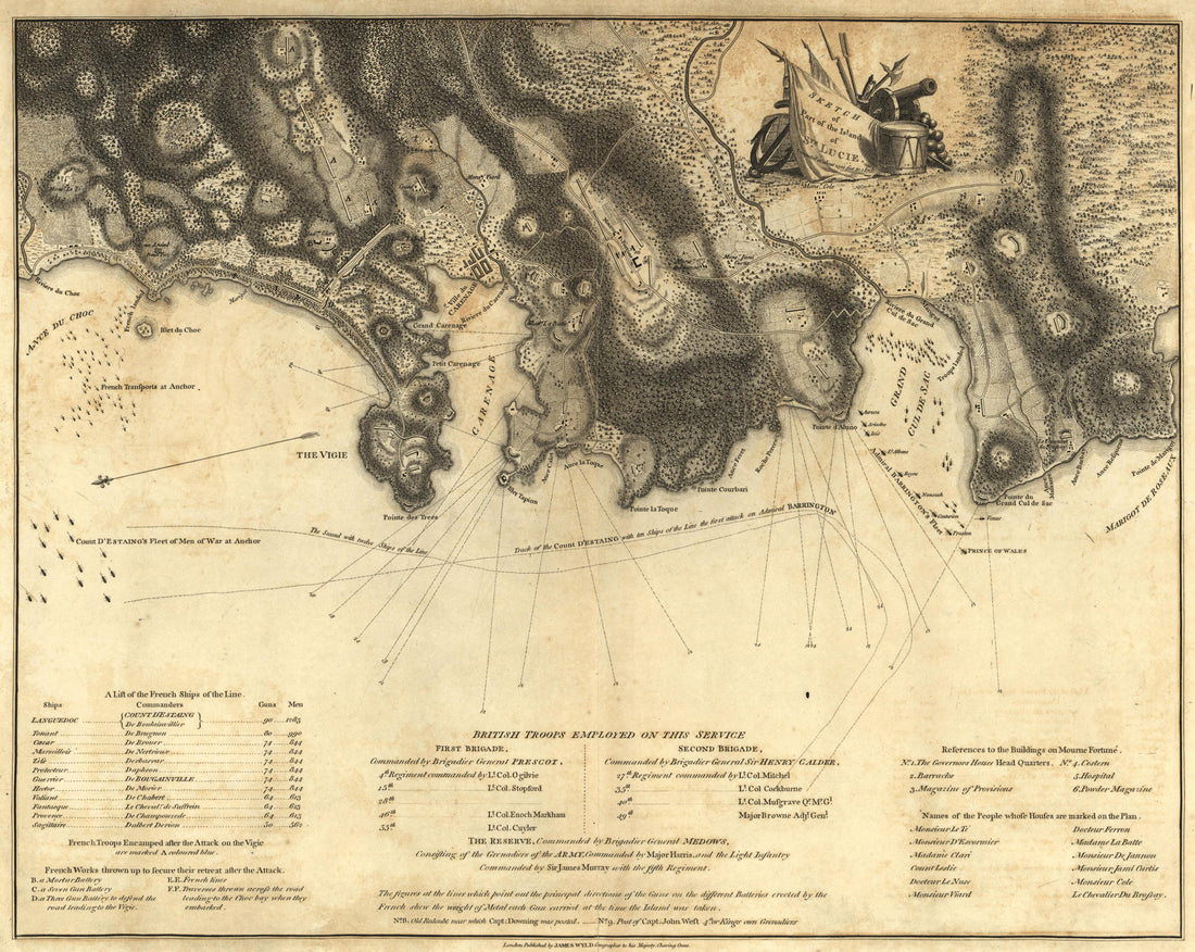 Sketch of Part of Island of St. Lucia, December 1778 from Atlas of the Battles of the American Revolution, Together With Maps Shewing the Routes of the British and American Armies, Plans of Cities, Surveys of Harbors, &amp;c 1845 by Relic Map Company