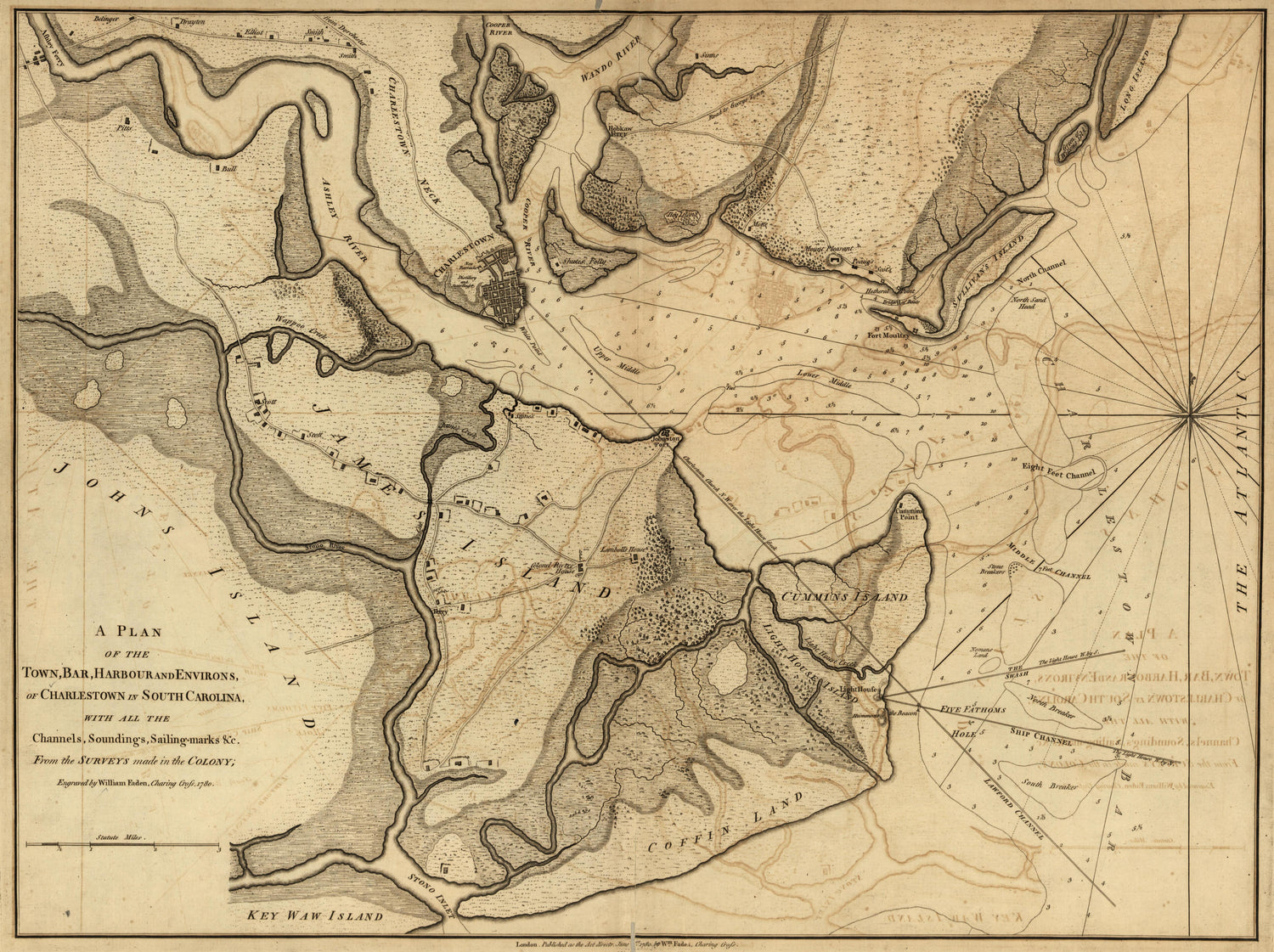 Plan of Town, Bar, Harbor, and Environs of Charleston, South Carolina, 1780 from Atlas of the Battles of the American Revolution, Together With Maps Shewing the Routes of the British and American Armies, Plans of Cities, Surveys of Harbors, &amp;c 1845 by Relic Map Company