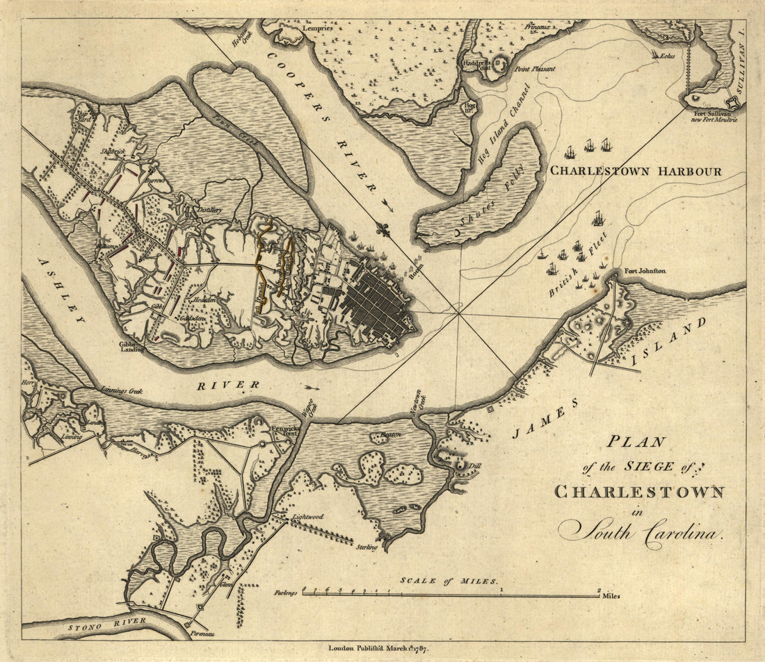 Siege of Charleston, South Carolina from Atlas of the Battles of the American Revolution, Together With Maps Shewing the Routes of the British and American Armies, Plans of Cities, Surveys of Harbors, &amp;c 1845 by Relic Map Company
