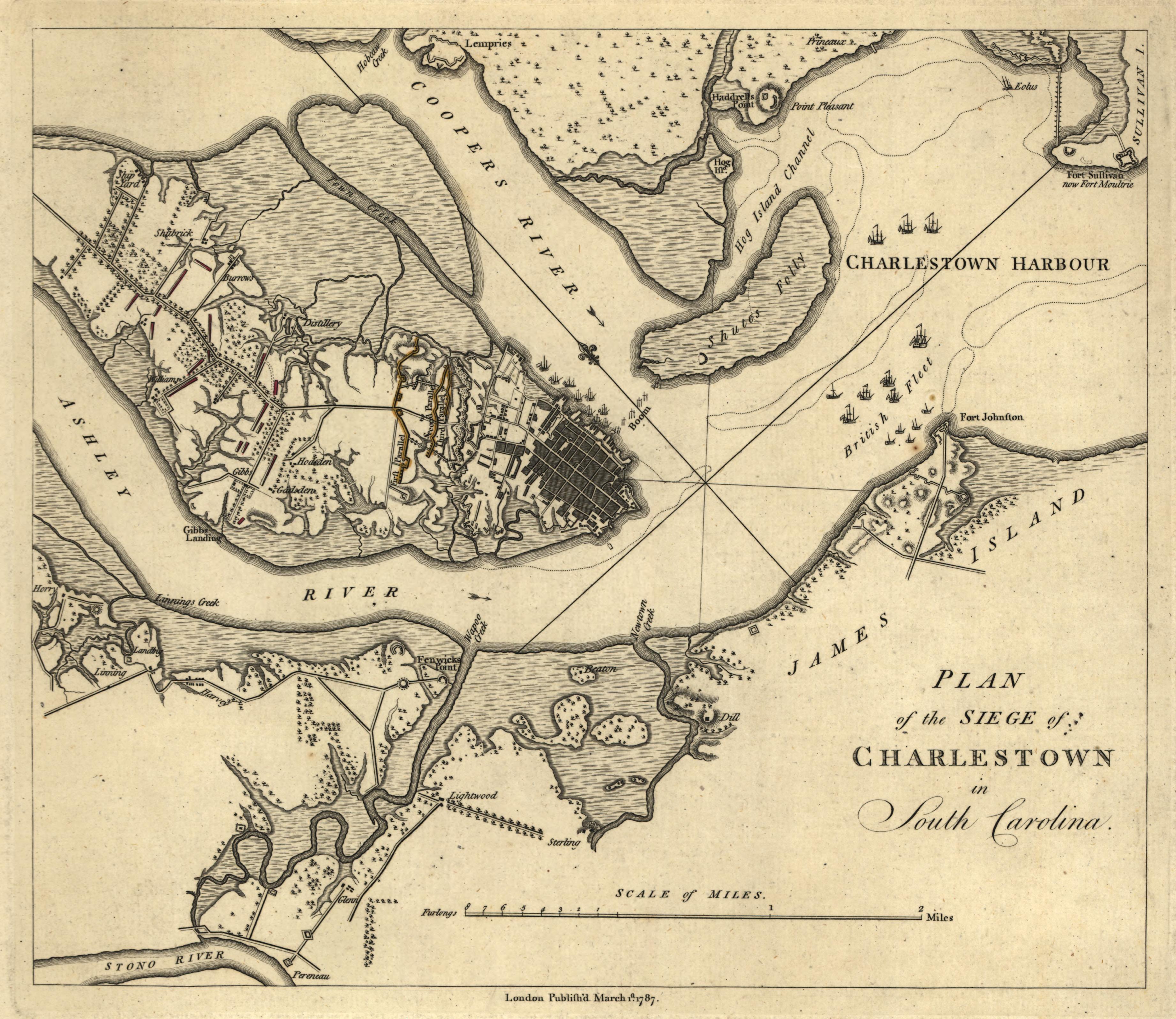 Siege of Charleston, South Carolina from Atlas of the Battles of the American Revolution, Together With Maps Shewing the Routes of the British and American Armies, Plans of Cities, Surveys of Harbors, &amp;c 1845 by Relic Map Company