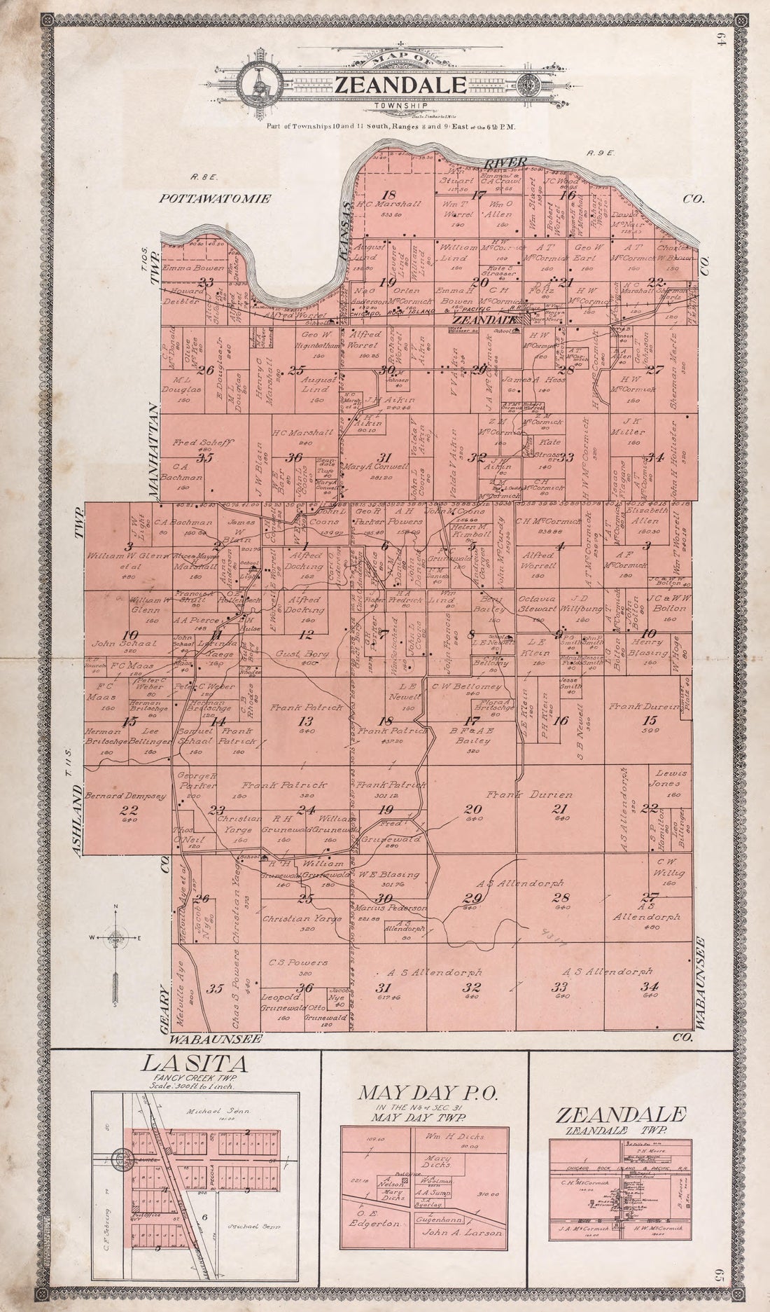 Map of Zeandale Township -- La Sita -- Mayday P.O. --Zeandale from Standard Atlas of Riley County, Kansas : Including a Plat Book of the Villages, Cities and Townships of the County, Map of the State, United States and World, Patrons Directory, Refere... by Relic Map Company