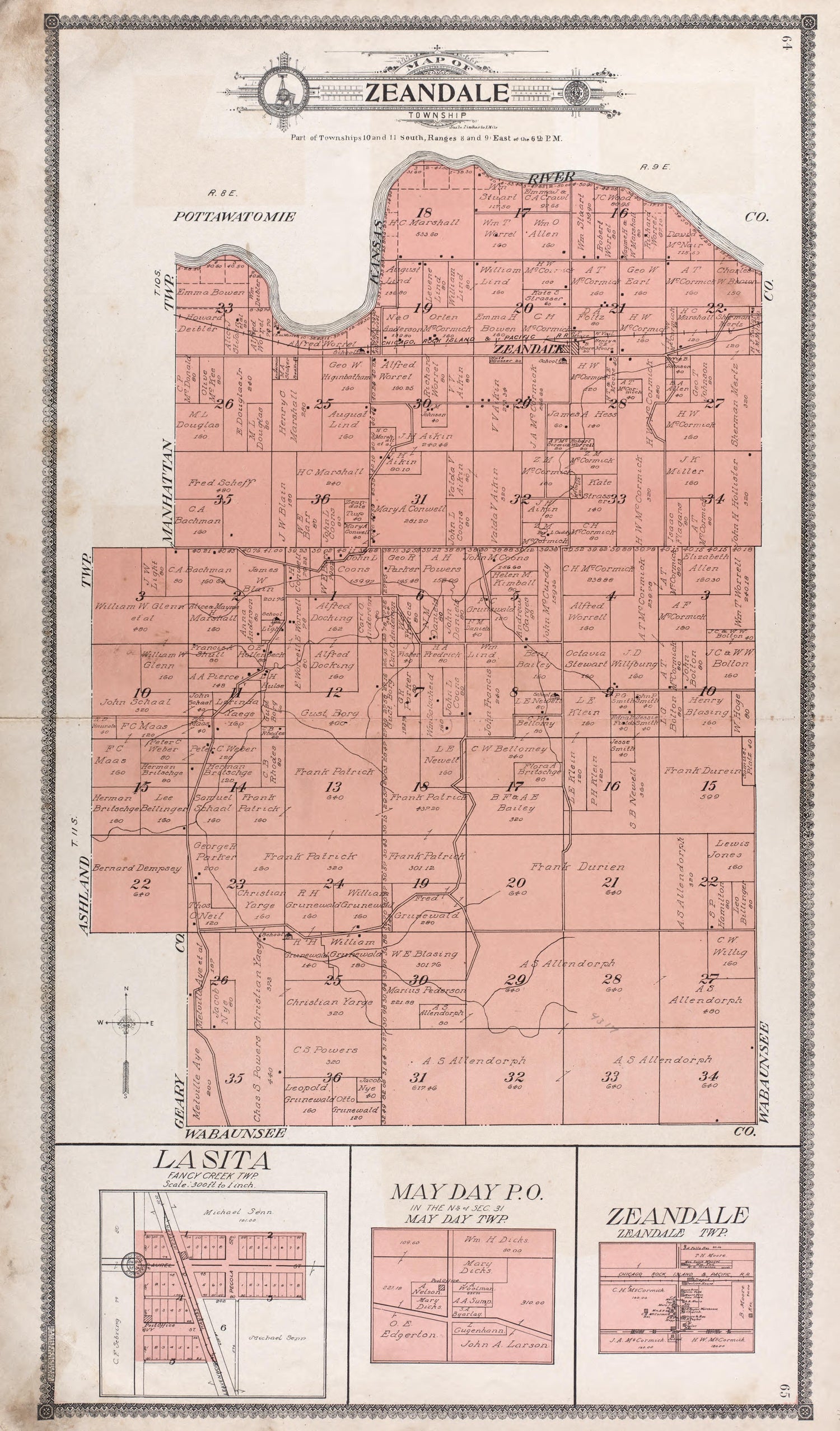 Map of Zeandale Township -- La Sita -- Mayday P.O. --Zeandale from Standard Atlas of Riley County, Kansas : Including a Plat Book of the Villages, Cities and Townships of the County, Map of the State, United States and World, Patrons Directory, Refere... by Relic Map Company