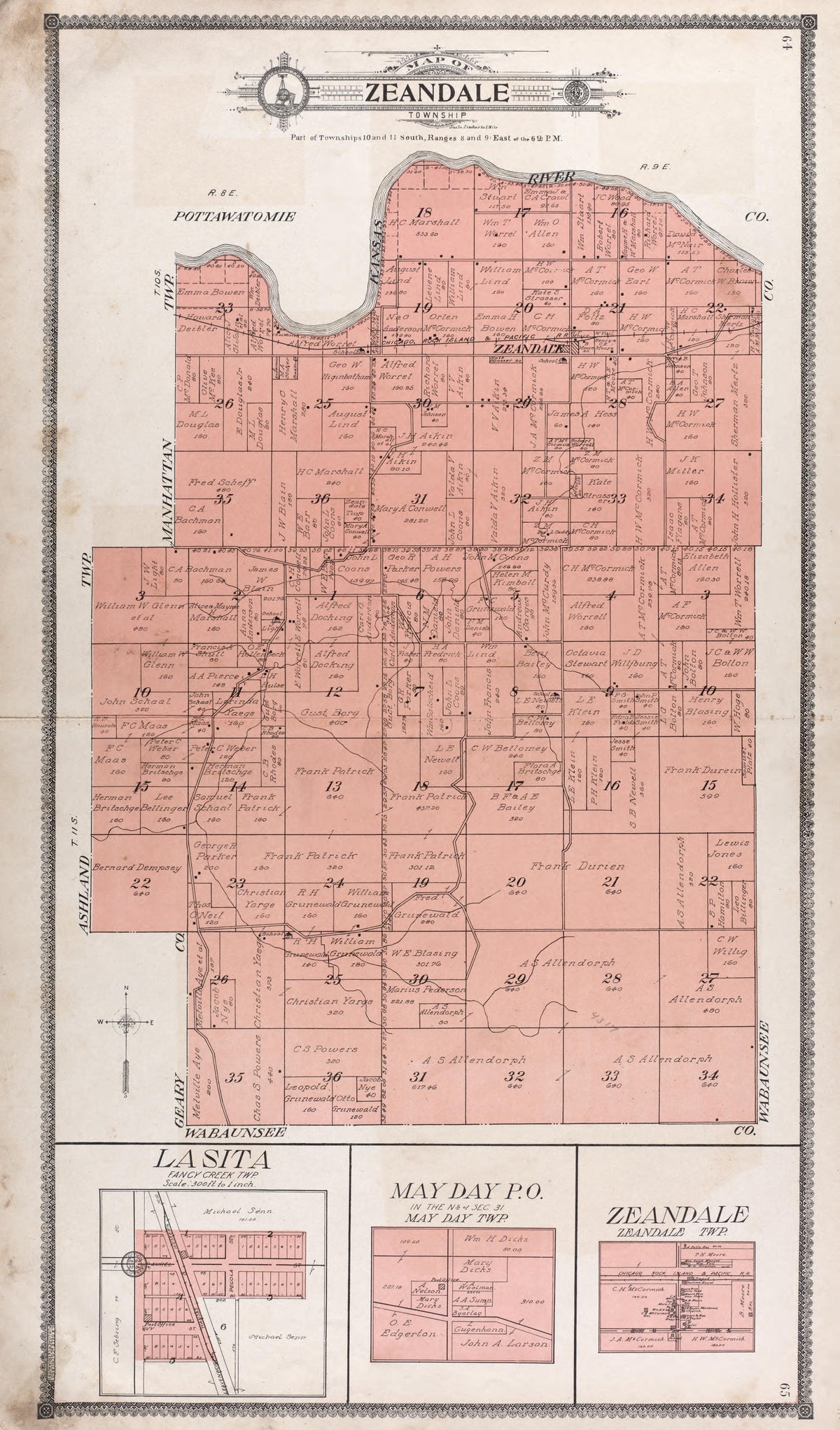 Map of Zeandale Township -- La Sita -- Mayday P.O. --Zeandale from Standard Atlas of Riley County, Kansas : Including a Plat Book of the Villages, Cities and Townships of the County, Map of the State, United States and World, Patrons Directory, Refere... by Relic Map Company