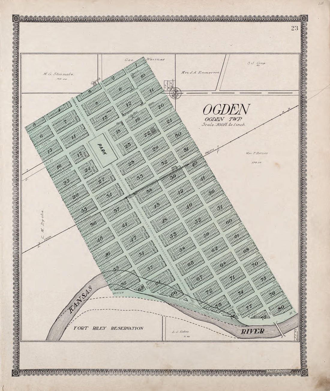 Ogden from Standard Atlas of Riley County, Kansas : Including a Plat Book of the Villages, Cities and Townships of the County, Map of the State, United States and World, Patrons Directory, Reference Business … 1909 by Relic Map Company