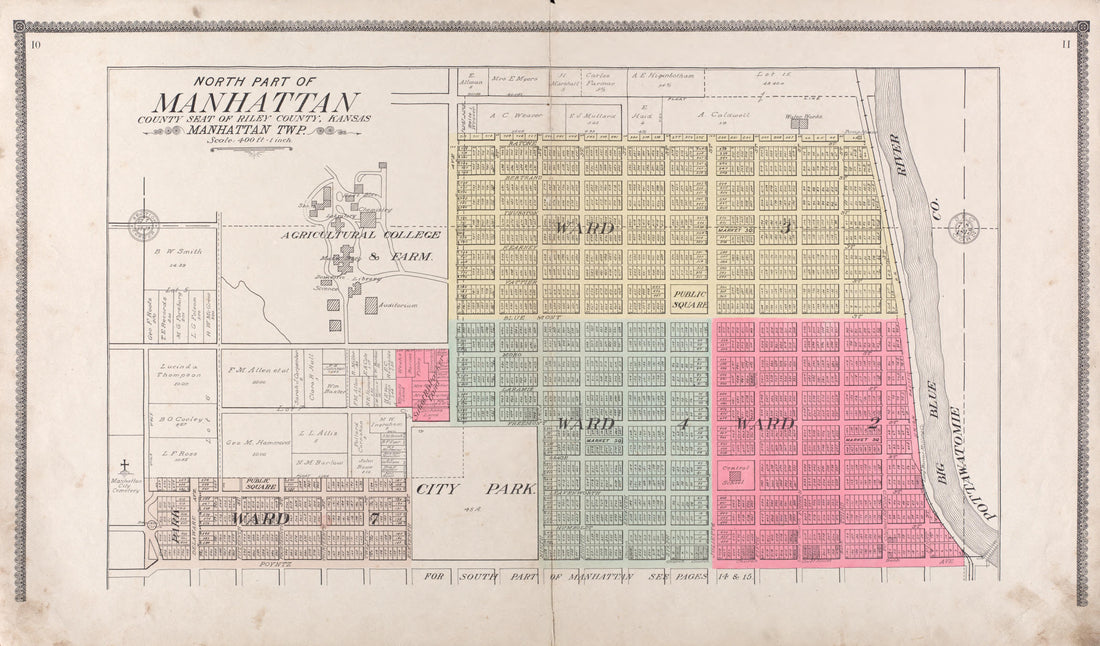 North Part of Manhattan from Standard Atlas of Riley County, Kansas : Including a Plat Book of the Villages, Cities and Townships of the County, Map of the State, United States and World, Patrons Directory, Reference Business … 1909 by Relic Map Company