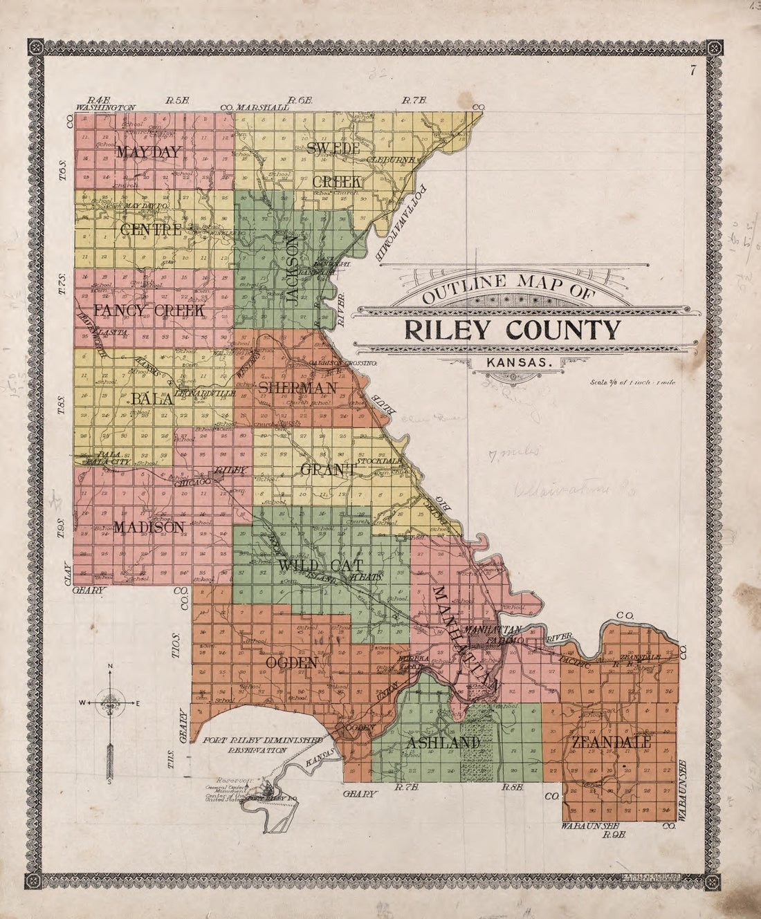 Outline Map of Riley County, Kansas from Standard Atlas of Riley County, Kansas : Including a Plat Book of the Villages, Cities and Townships of the County, Map of the State, United States and World, Patrons Directory, Reference Business … 1909 by Relic Map Company