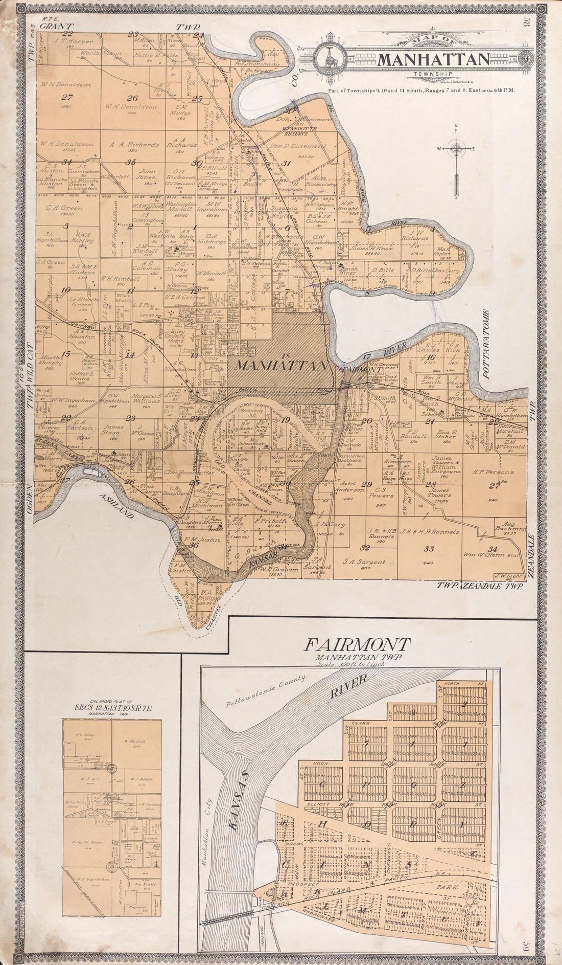 Map of Manhattan Township -- Fairmont from Standard Atlas of Riley County, Kansas : Including a Plat Book of the Villages, Cities and Townships of the County, Map of the State, United States and World, Patrons Directory, Reference Business … 1909 by Relic Map Company