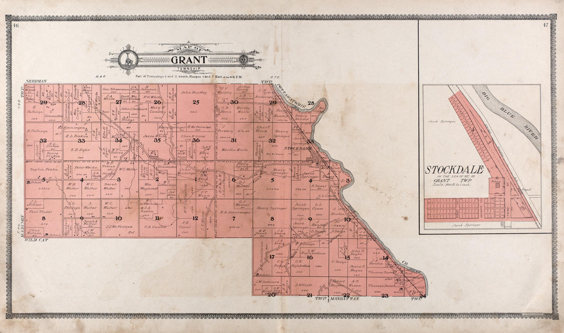 Map of Grant Township -- Stockdale from Standard Atlas of Riley County, Kansas : Including a Plat Book of the Villages, Cities and Townships of the County, Map of the State, United States and World, Patrons Directory, Reference Business … 1909 by Relic Map Company
