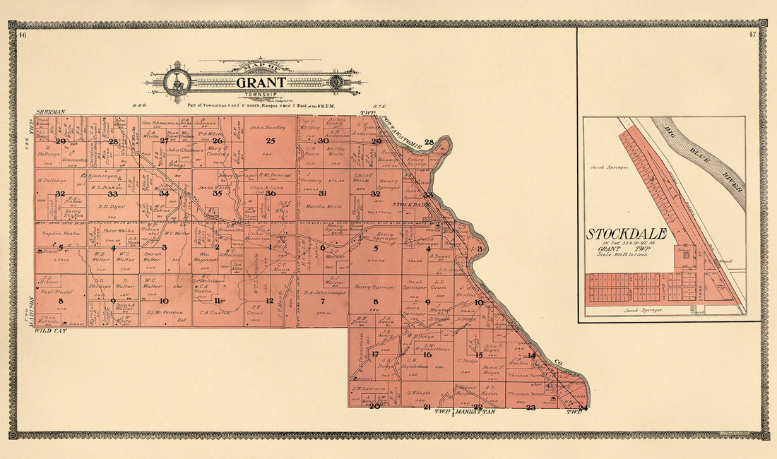 Map of Grant Township -- Stockdale from Standard Atlas of Riley County, Kansas : Including a Plat Book of the Villages, Cities and Townships of the County, Map of the State, United States and World, Patrons Directory, Reference Business … 1909