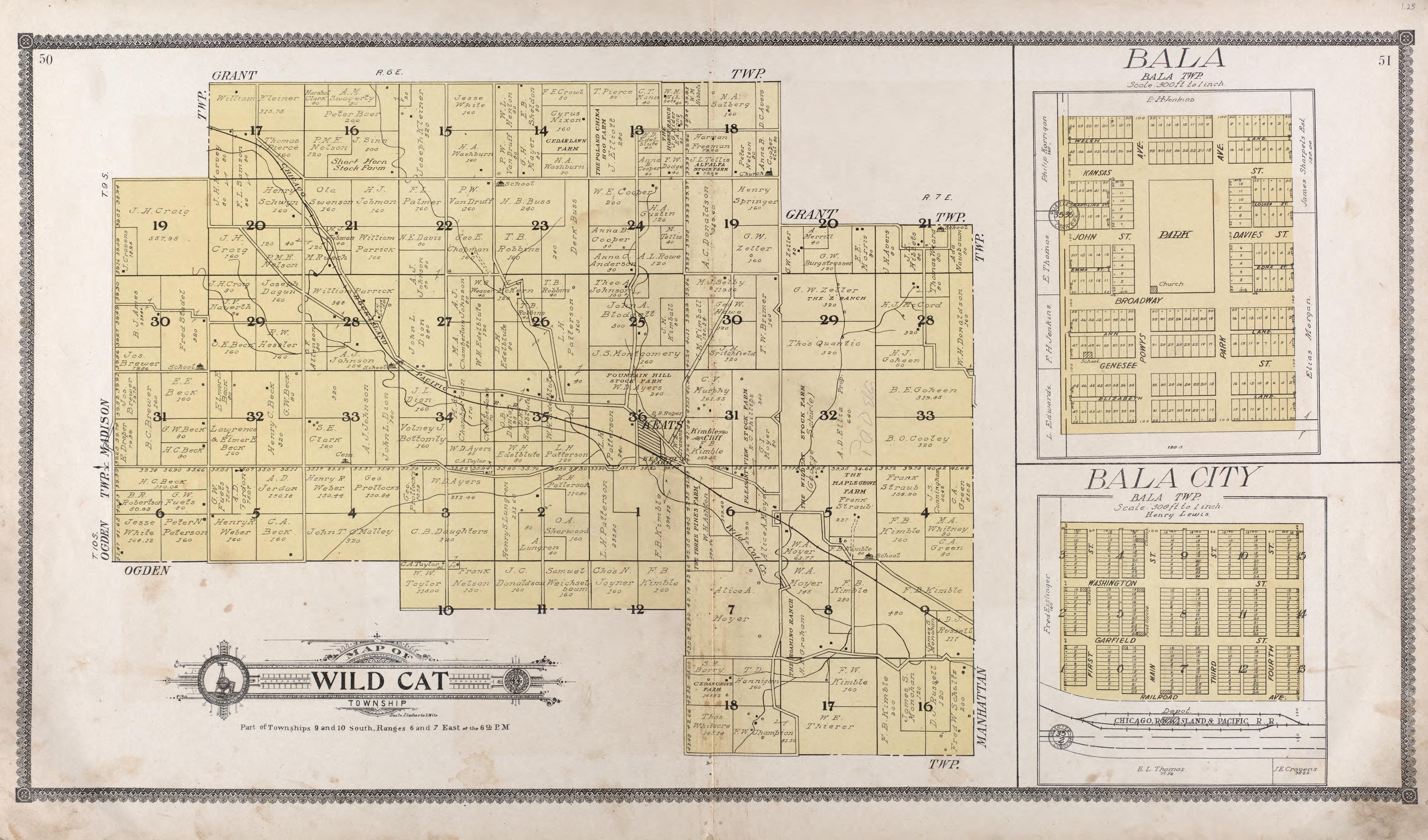 Map of Wild Cat Township -- Bala -- Bala City from Standard Atlas of Riley County, Kansas : Including a Plat Book of the Villages, Cities and Townships of the County, Map of the State, United States and World, Patrons Directory, Reference Business …... by Relic Map Company