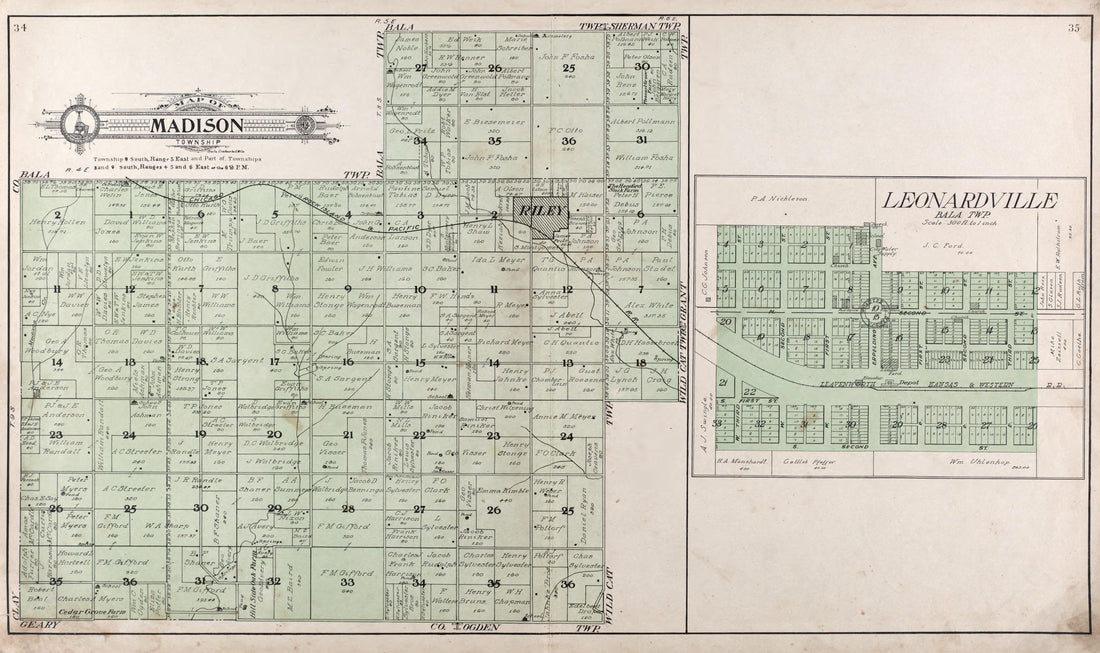 Map of Madison Township -- Leonardville from Standard Atlas of Riley County, Kansas : Including a Plat Book of the Villages, Cities and Townships of the County, Map of the State, United States and World, Patrons Directory, Reference Business … 1909 by Relic Map Company
