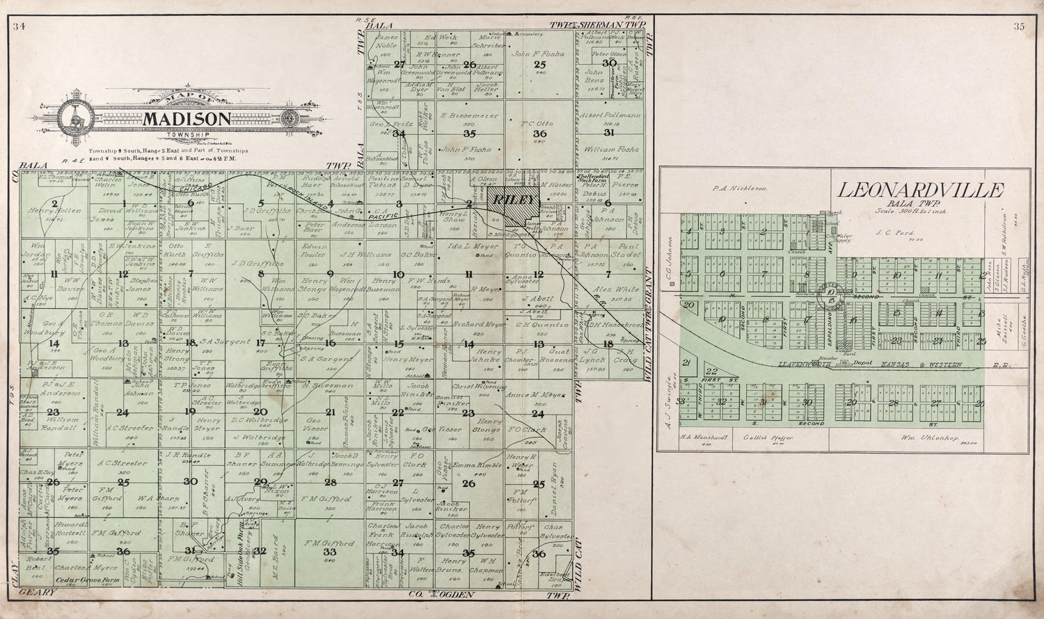 Map of Madison Township -- Leonardville from Standard Atlas of Riley County, Kansas : Including a Plat Book of the Villages, Cities and Townships of the County, Map of the State, United States and World, Patrons Directory, Reference Business … 1909 by Relic Map Company