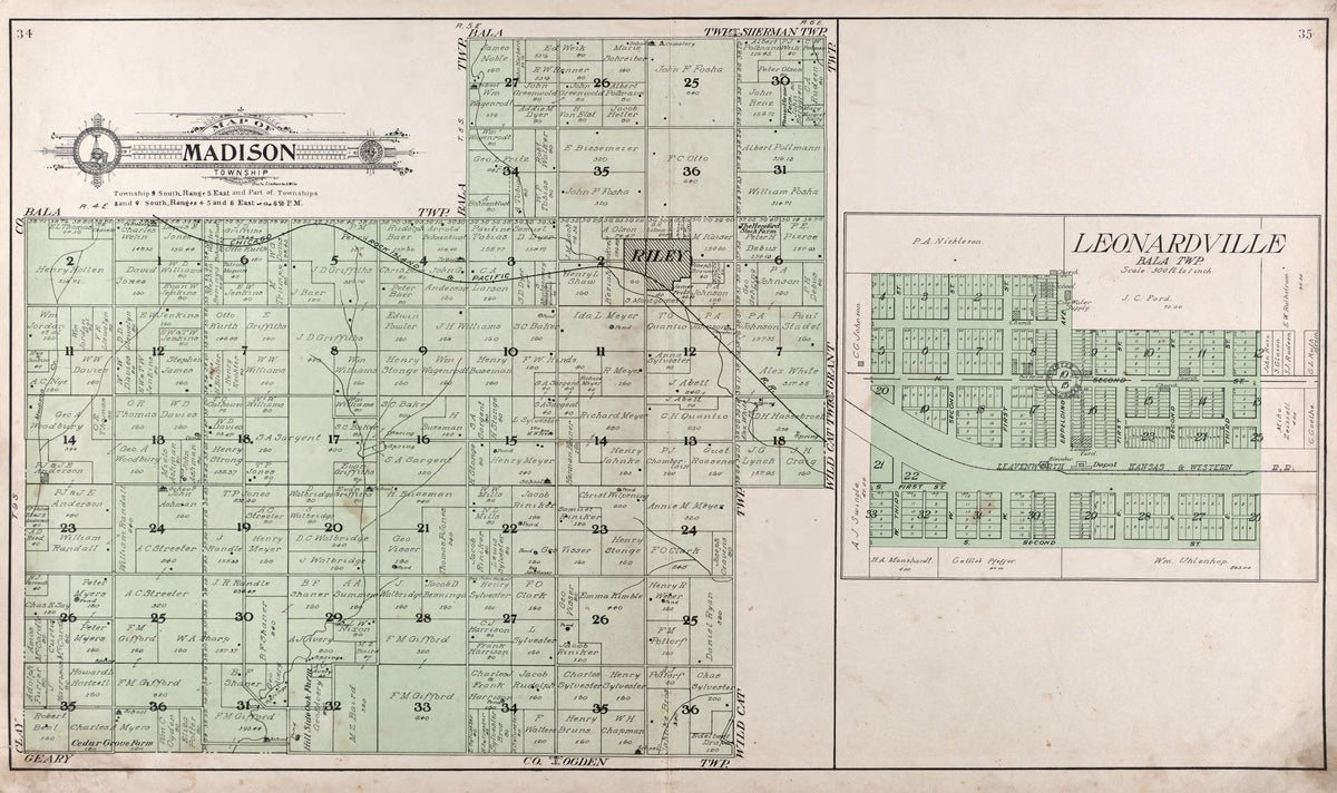 Map of Madison Township -- Leonardville from Standard Atlas of Riley County, Kansas : Including a Plat Book of the Villages, Cities and Townships of the County, Map of the State, United States and World, Patrons Directory, Reference Business … 1909 by Relic Map Company
