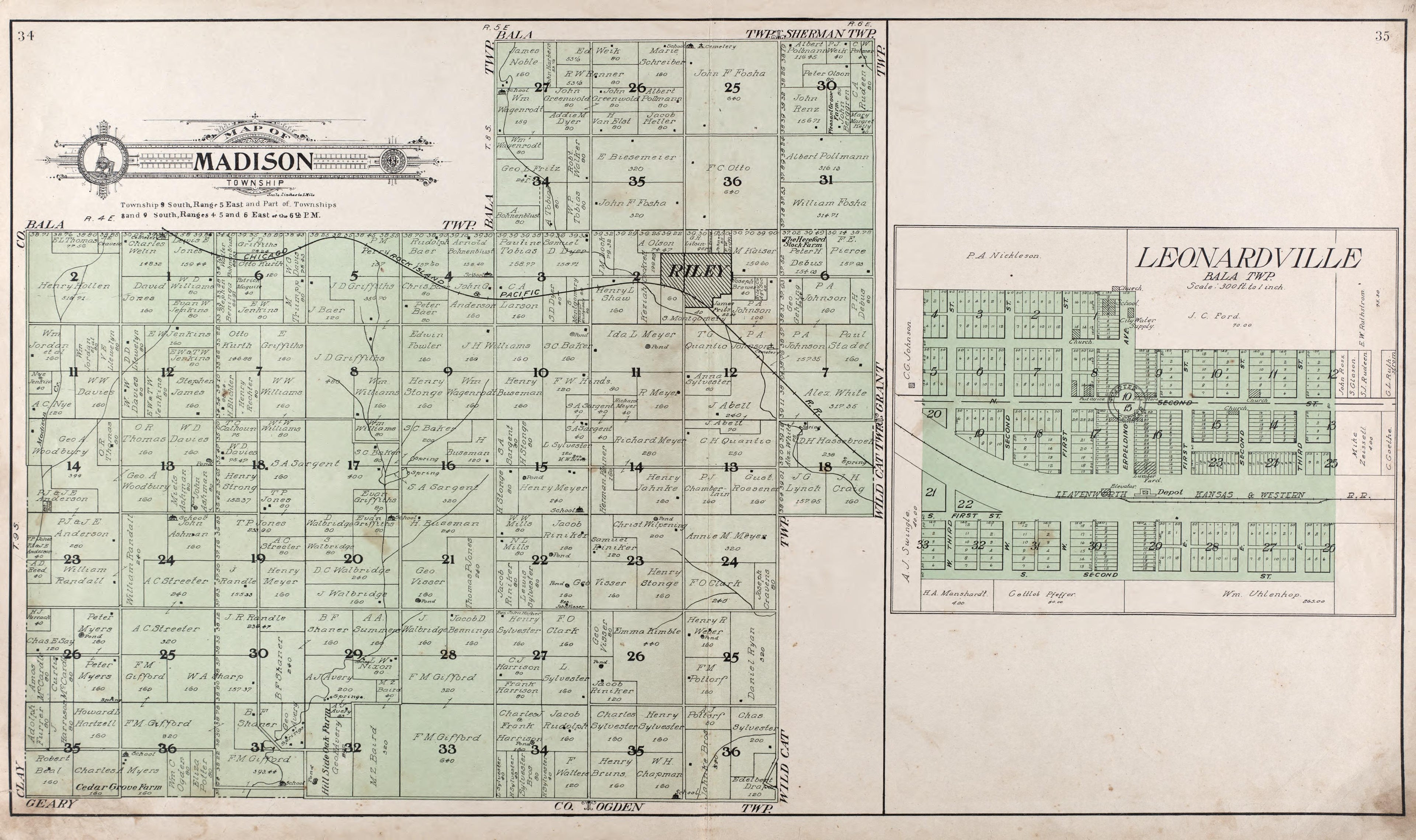 Map of Madison Township -- Leonardville from Standard Atlas of Riley County, Kansas : Including a Plat Book of the Villages, Cities and Townships of the County, Map of the State, United States and World, Patrons Directory, Reference Business … 1909 by Relic Map Company