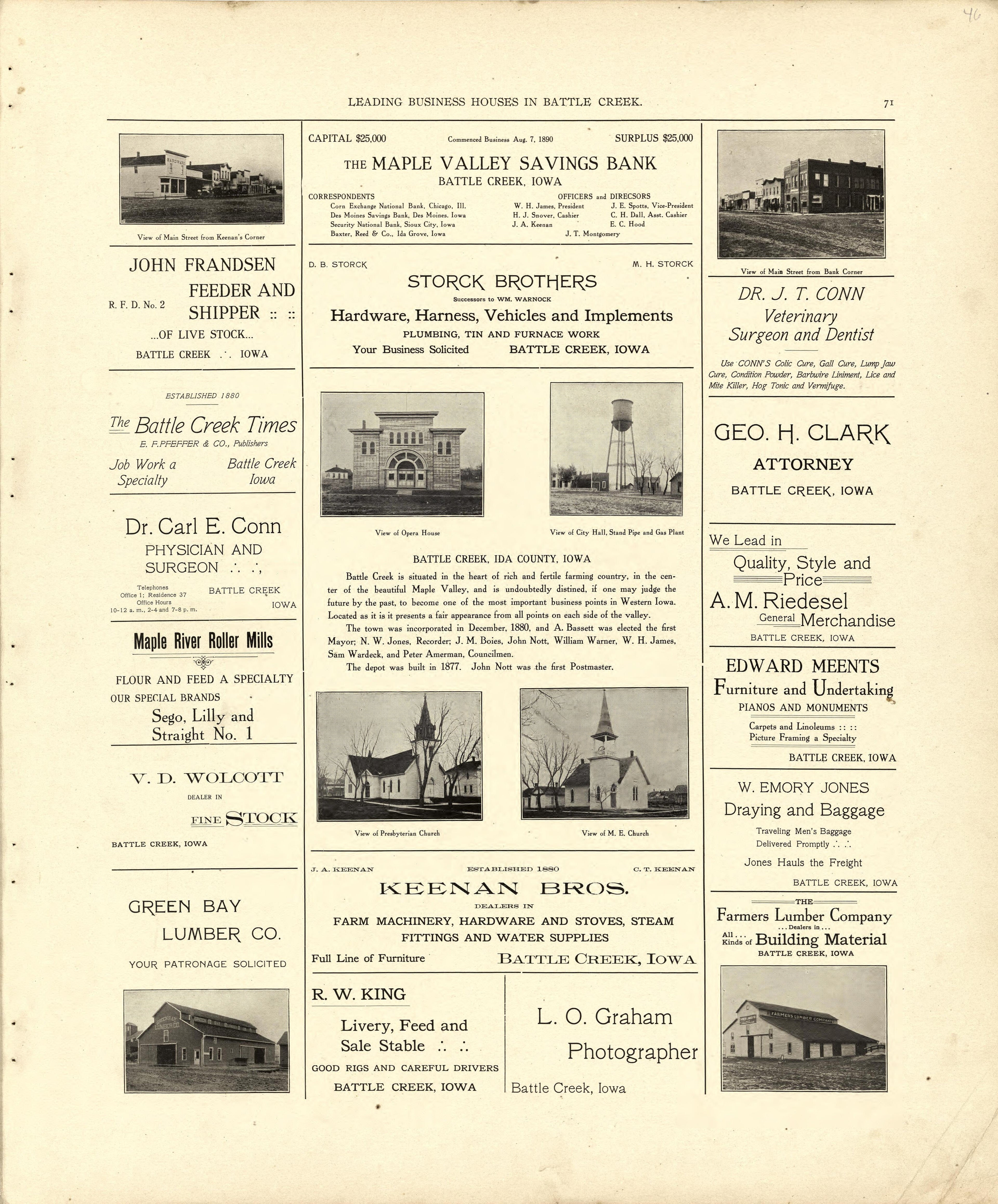 Leading Business Houses In Battle Creek from Atlas of Ida County, Iowa : Containing Maps of Villages, Cities and Townships of the County, Maps of State, United States and World, Farmers Directory, Business Directory, General Information 1906 by Relic Map Company