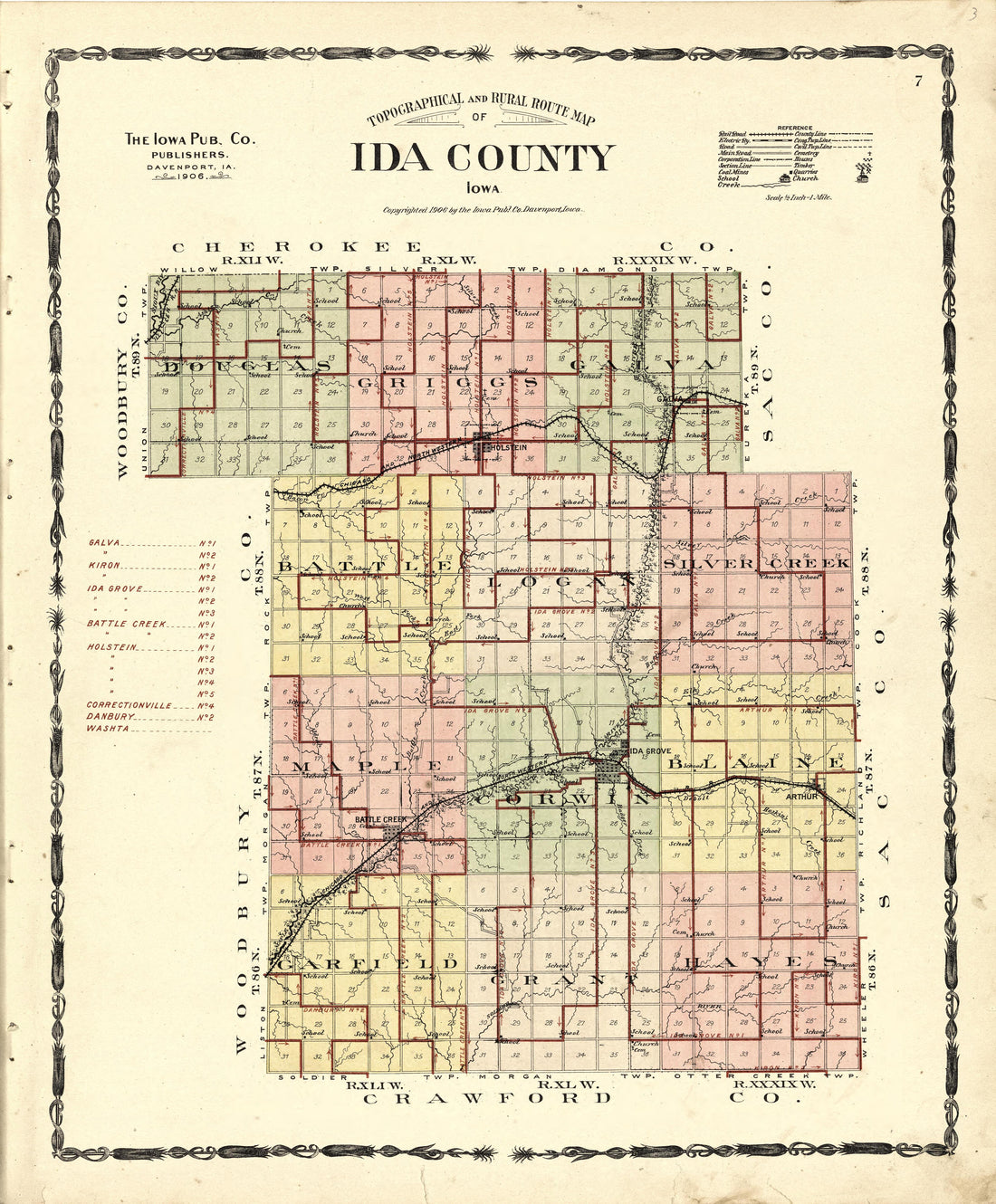Topographical and Rural Route Map of Ida County from Atlas of Ida County, Iowa : Containing Maps of Villages, Cities and Townships of the County, Maps of State, United States and World, Farmers Directory, Business Directory, General Information 1906 by Relic Map Company