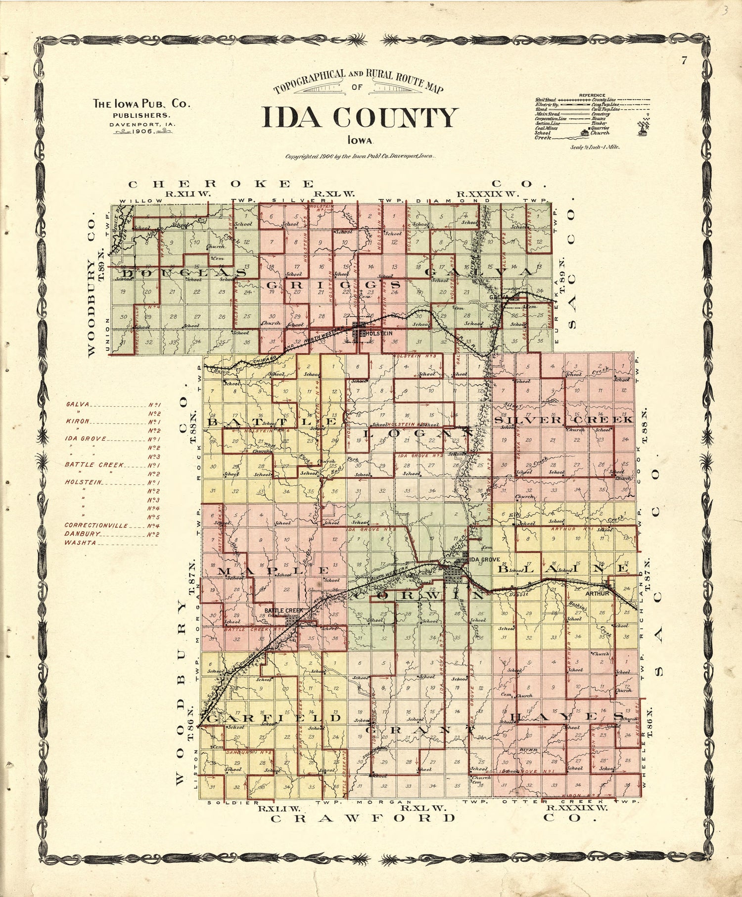 Topographical and Rural Route Map of Ida County from Atlas of Ida County, Iowa : Containing Maps of Villages, Cities and Townships of the County, Maps of State, United States and World, Farmers Directory, Business Directory, General Information 1906 by Relic Map Company