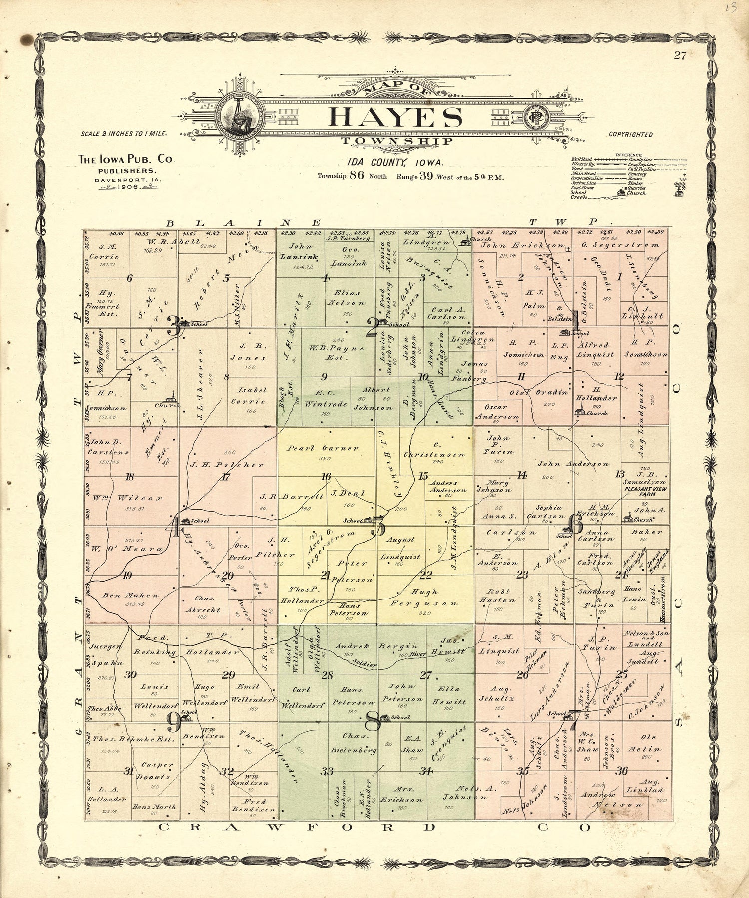 Map of Hayes Township from Atlas of Ida County, Iowa : Containing Maps of Villages, Cities and Townships of the County, Maps of State, United States and World, Farmers Directory, Business Directory, General Information 1906 by Relic Map Company