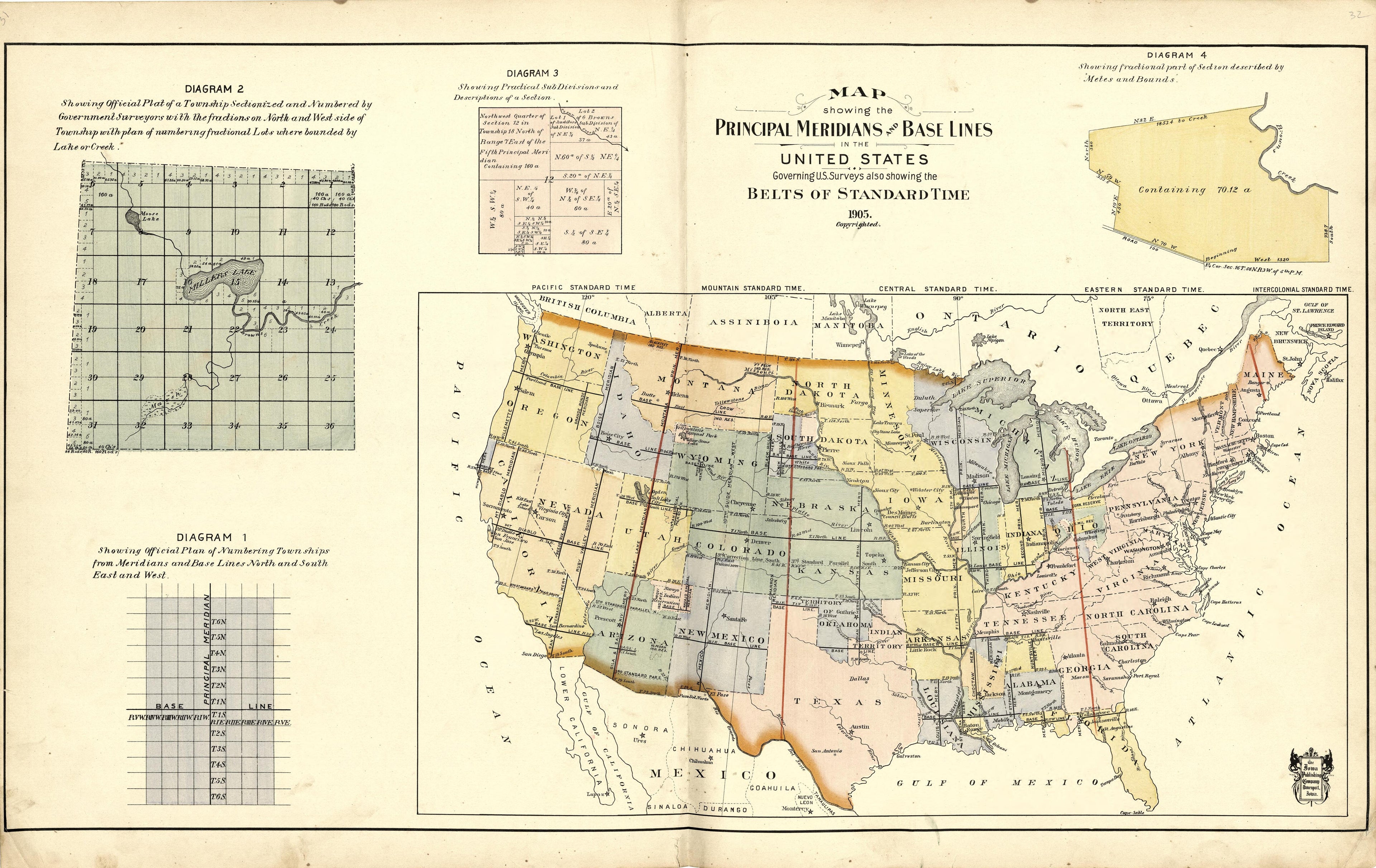 Map Showing the Principal Meridians and Base Lines; Diagrams Describing System from Atlas of Ida County, Iowa : Containing Maps of Villages, Cities and Townships of the County, Maps of State, United States and World, Farmers Directory, Business Direct... by Relic Map Company