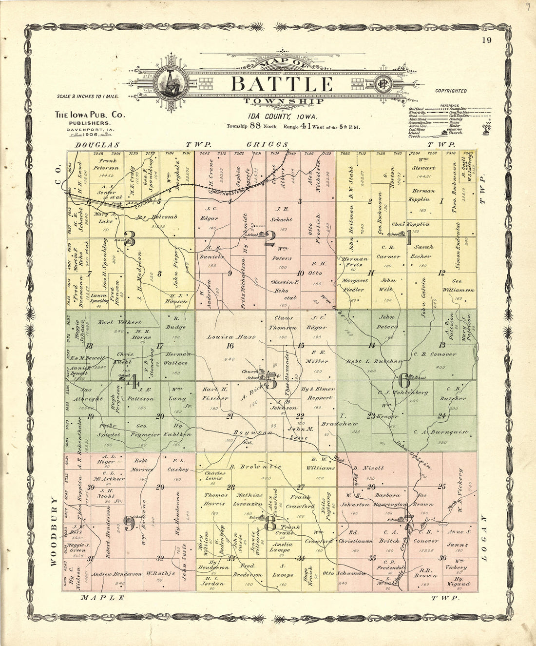 Map of Battle Township from Atlas of Ida County, Iowa : Containing Maps of Villages, Cities and Townships of the County, Maps of State, United States and World, Farmers Directory, Business Directory, General Information 1906 by Relic Map Company