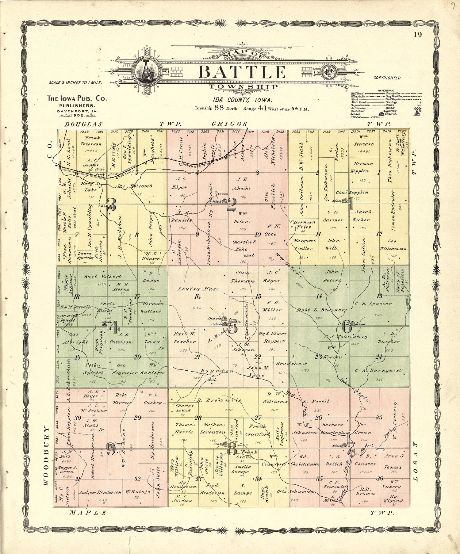 Map of Battle Township from Atlas of Ida County, Iowa : Containing Maps of Villages, Cities and Townships of the County, Maps of State, United States and World, Farmers Directory, Business Directory, General Information 1906 by Relic Map Company