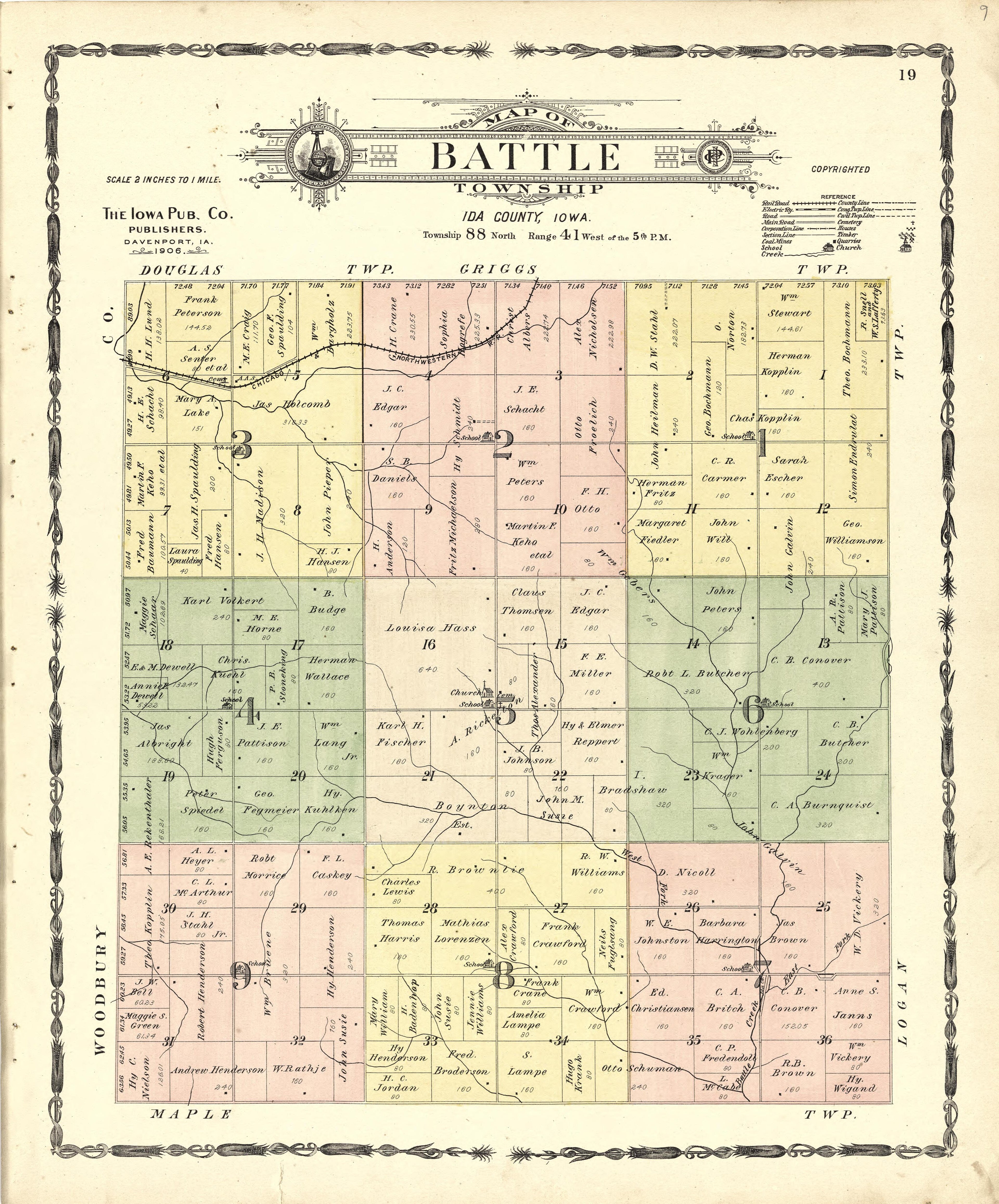 Map of Battle Township from Atlas of Ida County, Iowa : Containing Maps of Villages, Cities and Townships of the County, Maps of State, United States and World, Farmers Directory, Business Directory, General Information 1906 by Relic Map Company