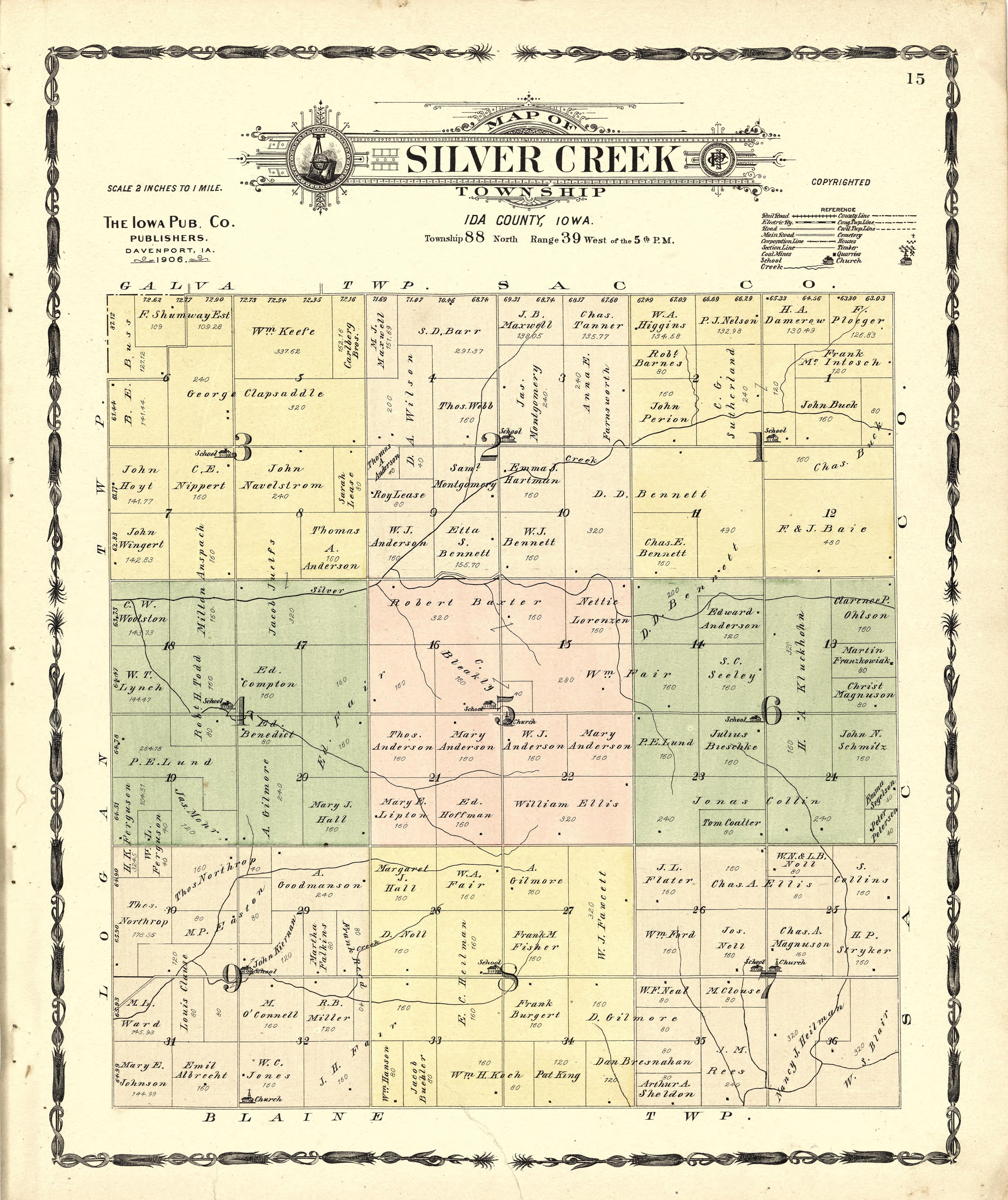 Map of Silver Creek Township from Atlas of Ida County, Iowa : Containing Maps of Villages, Cities and Townships of the County, Maps of State, United States and World, Farmers Directory, Business Directory, General Information 1906 by Relic Map Company