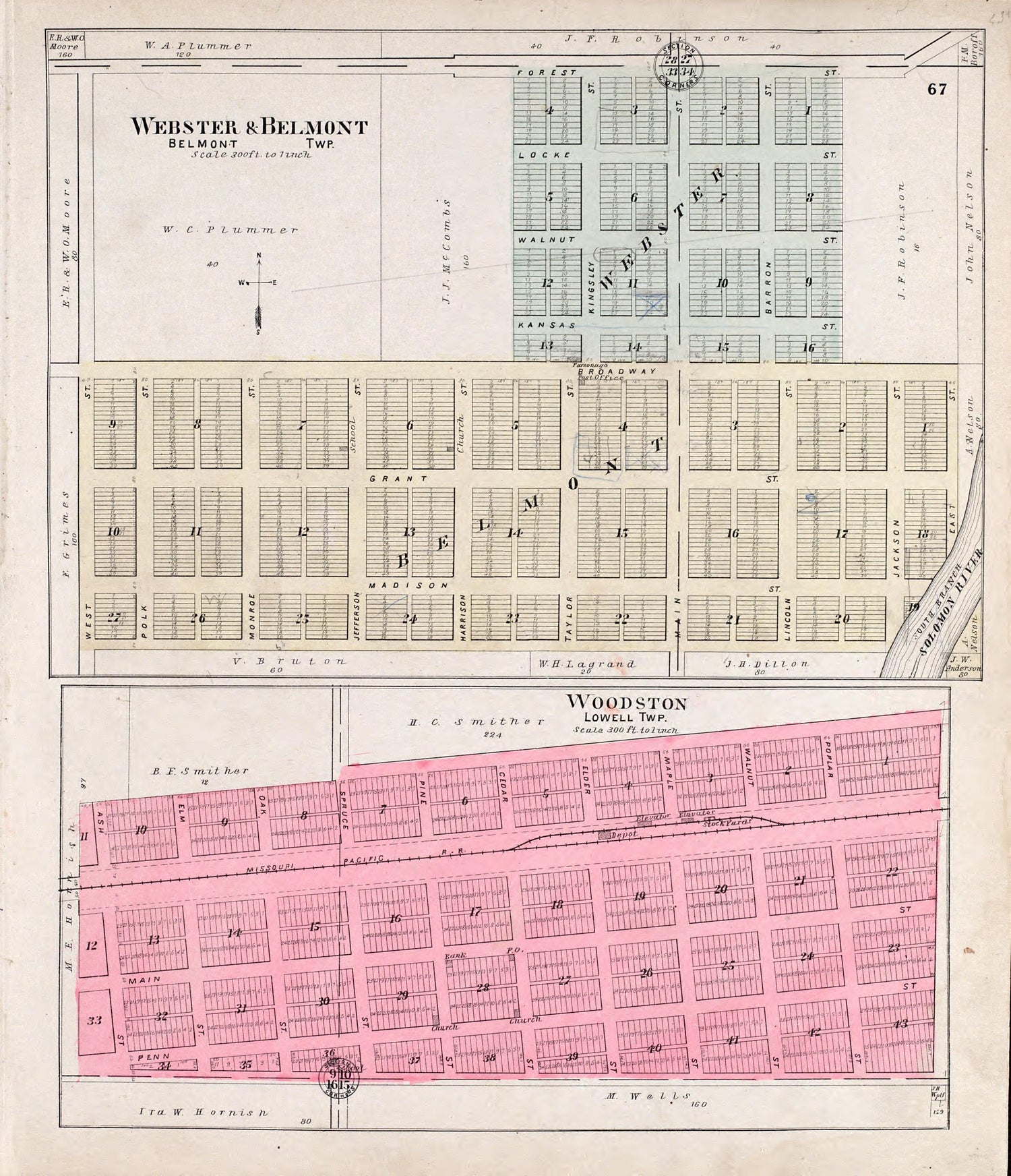 Webster &amp; Belmont, Woodston from Standard Atlas of Rooks County, Kansas : Including a Plat Book of the Villages, Cities and Townships of the County, Map of the State, United States and World, Patrons Directory, Reference Business … 1904 by Relic Map Company