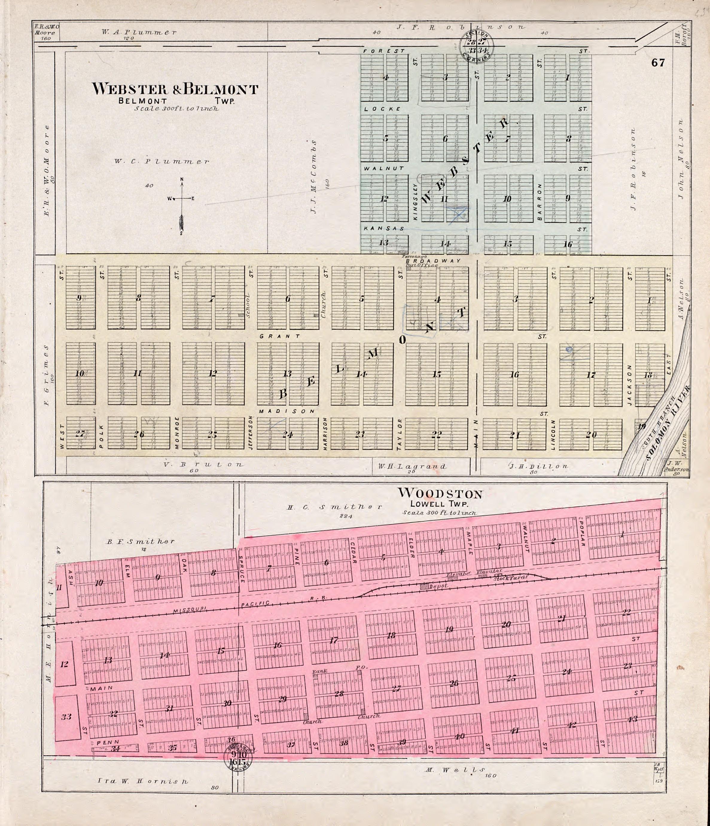 Webster &amp; Belmont, Woodston from Standard Atlas of Rooks County, Kansas : Including a Plat Book of the Villages, Cities and Townships of the County, Map of the State, United States and World, Patrons Directory, Reference Business … 1904 by Relic Map Company