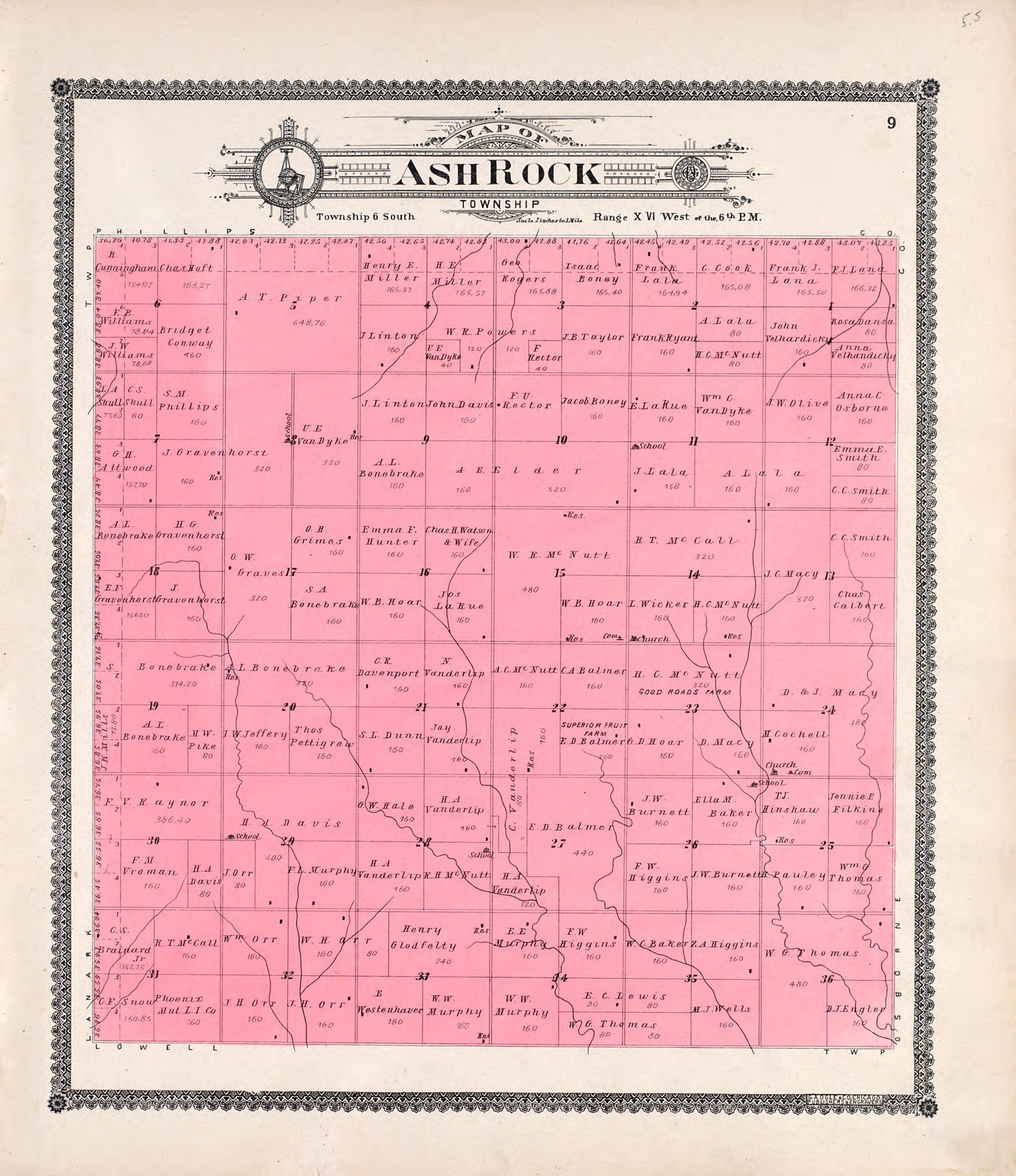 Ash Rock from Standard Atlas of Rooks County, Kansas : Including a Plat Book of the Villages, Cities and Townships of the County, Map of the State, United States and World, Patrons Directory, Reference Business … 1904 by Relic Map Company